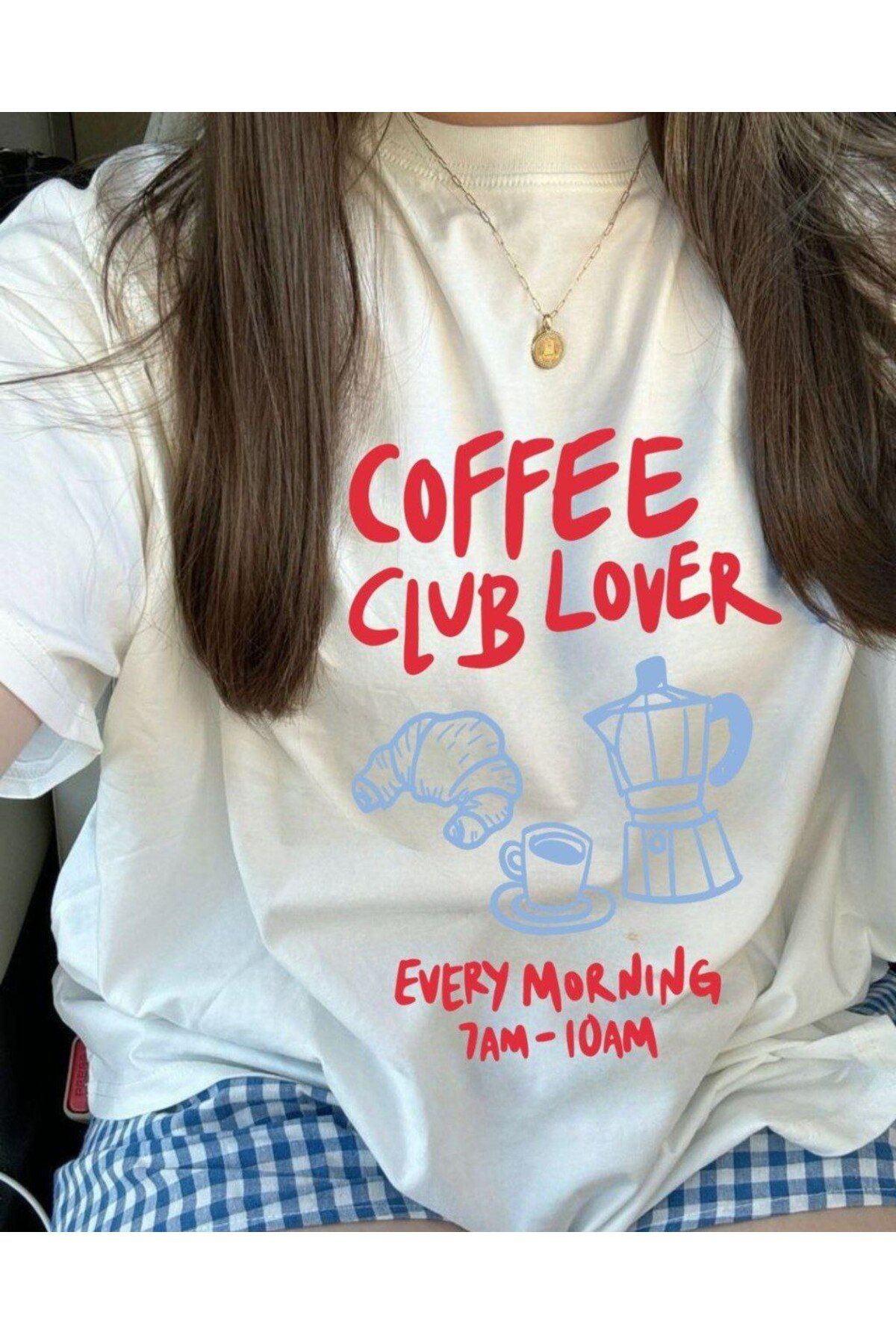Butik Bisiklet Yaka %100 Pamuklu Kumaş Coffee Club Lover Baskılı Oversize T-shirt