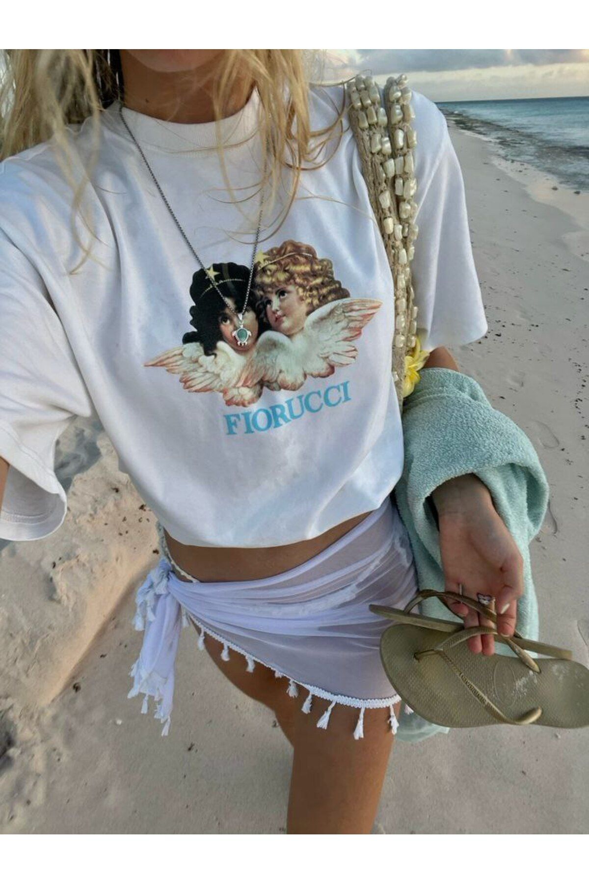 Butik Bisiklet Yaka Kısa Kollu %100 Pamuklu Fiorucci Baskılı Oversize T-Shirt