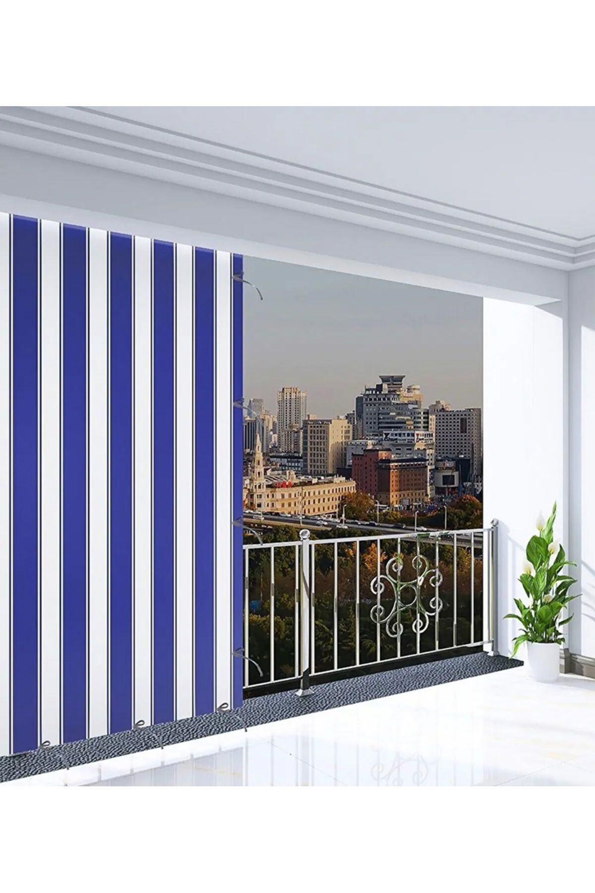 İMYA TEKSTİL Mavi Beyaz Çizgili Balkon Perdesi Balkon Güneşlik