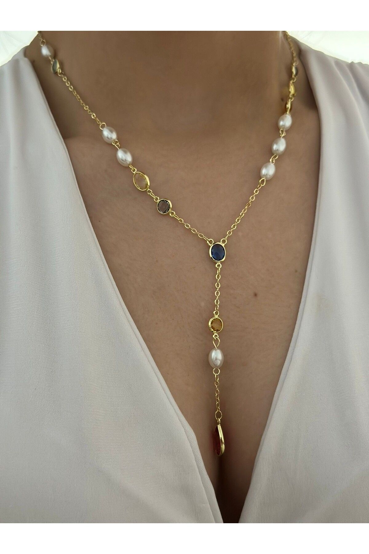 MyladyAccessoriess İnci Ve Renkli Taş Detay Y Kolye (Çelik)