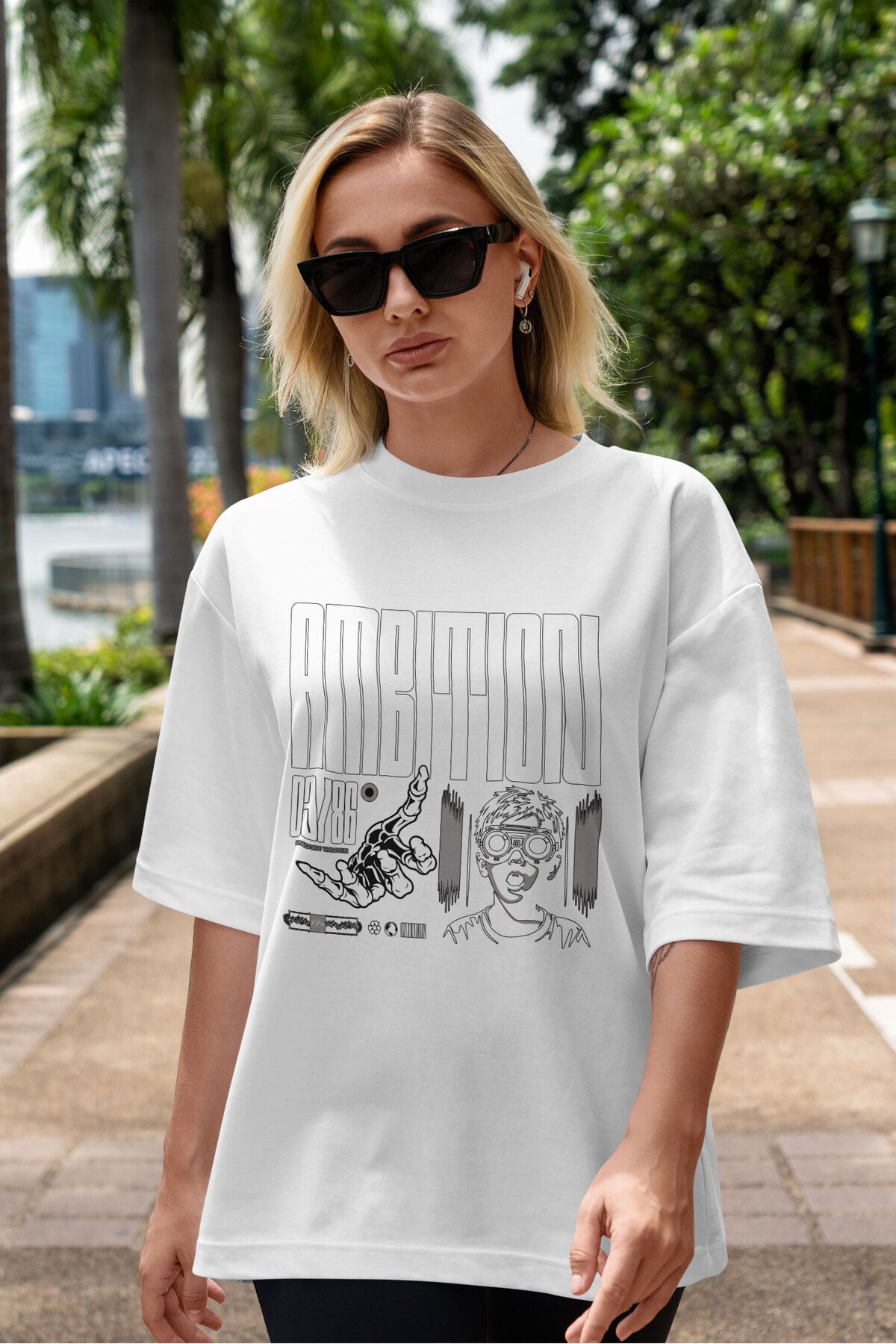 ELFAMİ Unisex Erkek/Kadın AMBITION Özel Baskılı Oversize Pamuklu Bisiklet Yaka T-Shirt