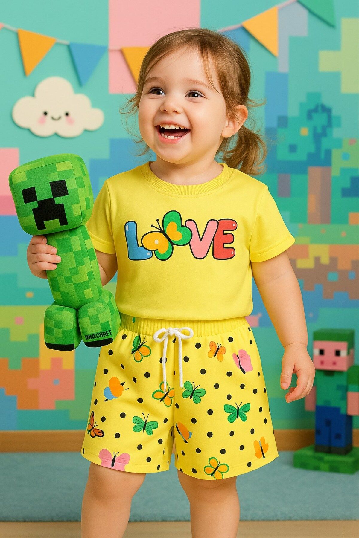 alfapazar Zolo Kids Mevsimlik Yazlık Kelebekli Love Kız Bebek İkili Takımı Sarı