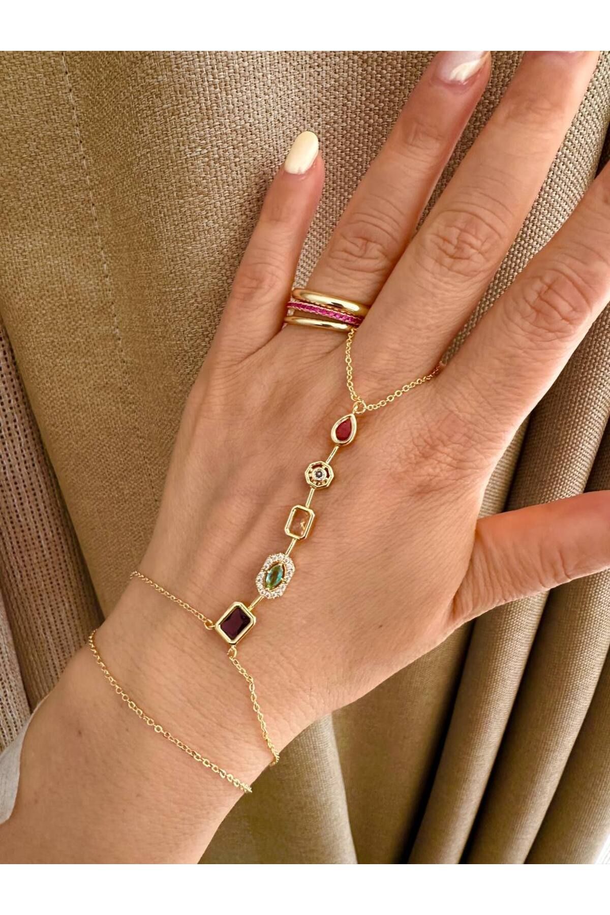 Esmeray Aksesuar Gold Renk Paslanmaz Çelik Zirkon Renkli Taşlı Şahmeran Bileklik