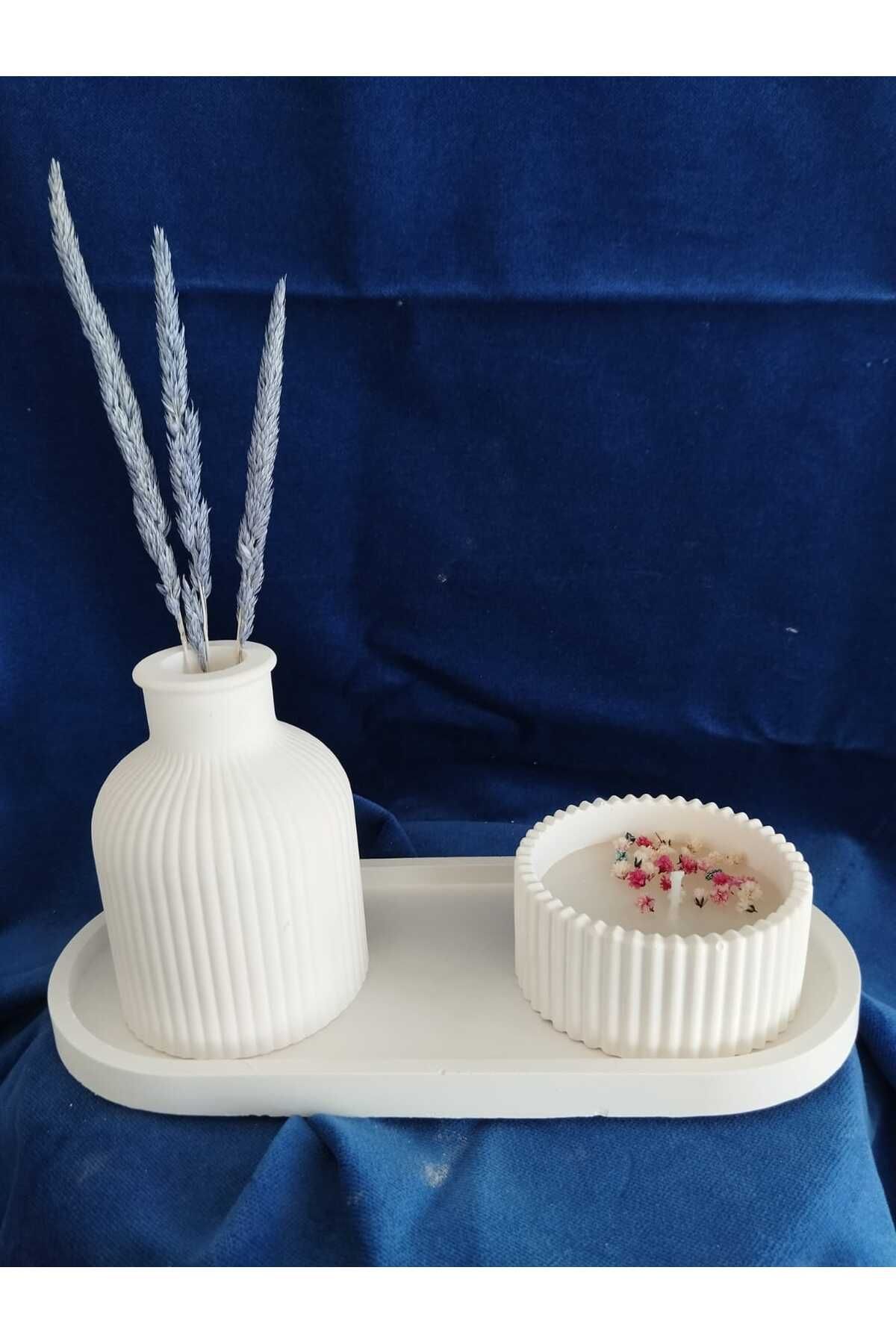 DecorWiz Dekoratif Tepsili Vazo + Mumluk Seti Beyaz