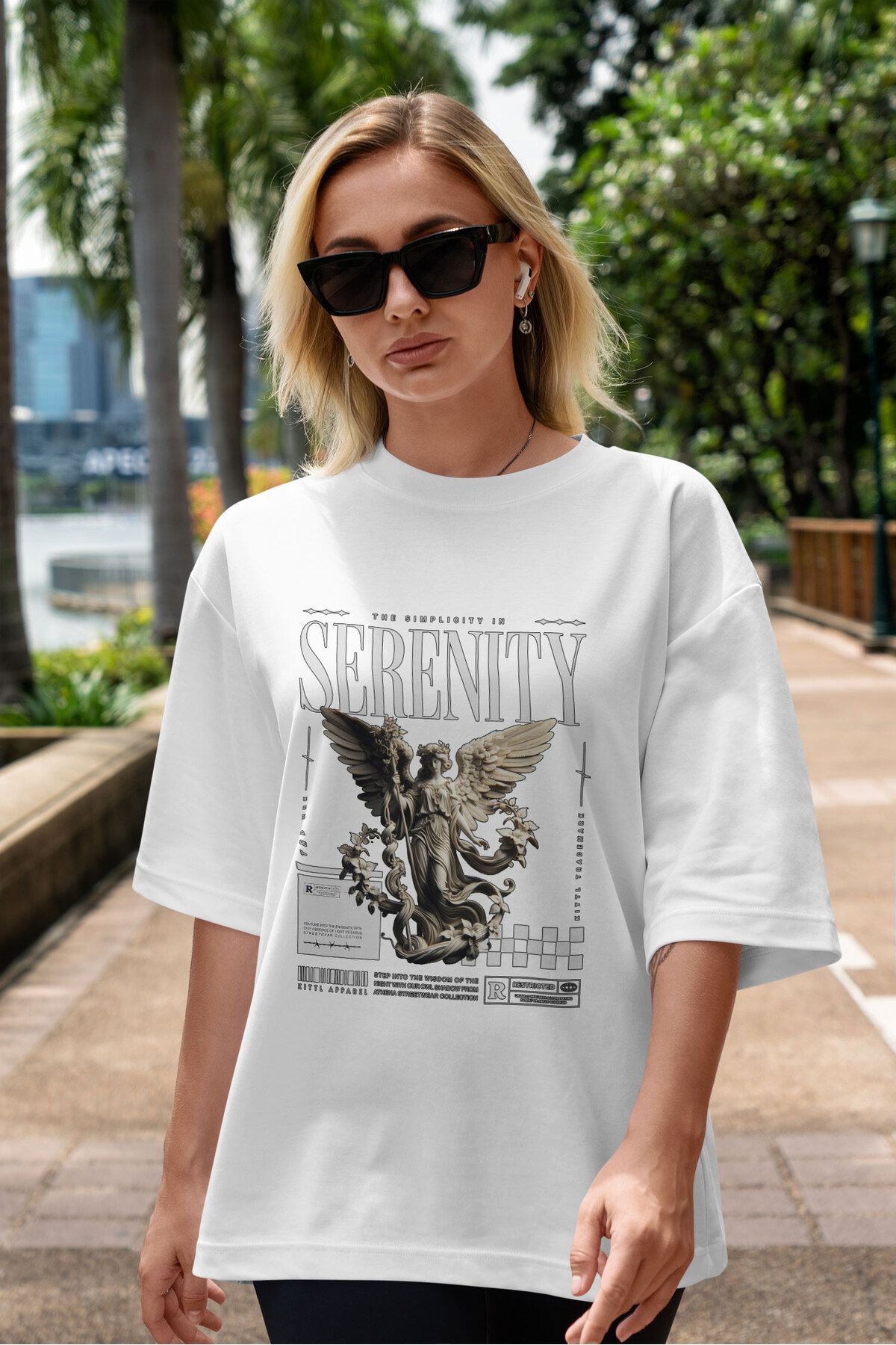 ELFAMİ Unisex Erkek/Kadın SERENITY Renkli Özel Baskılı Oversize Pamuklu Bisiklet Yaka T-Shirt Tişört