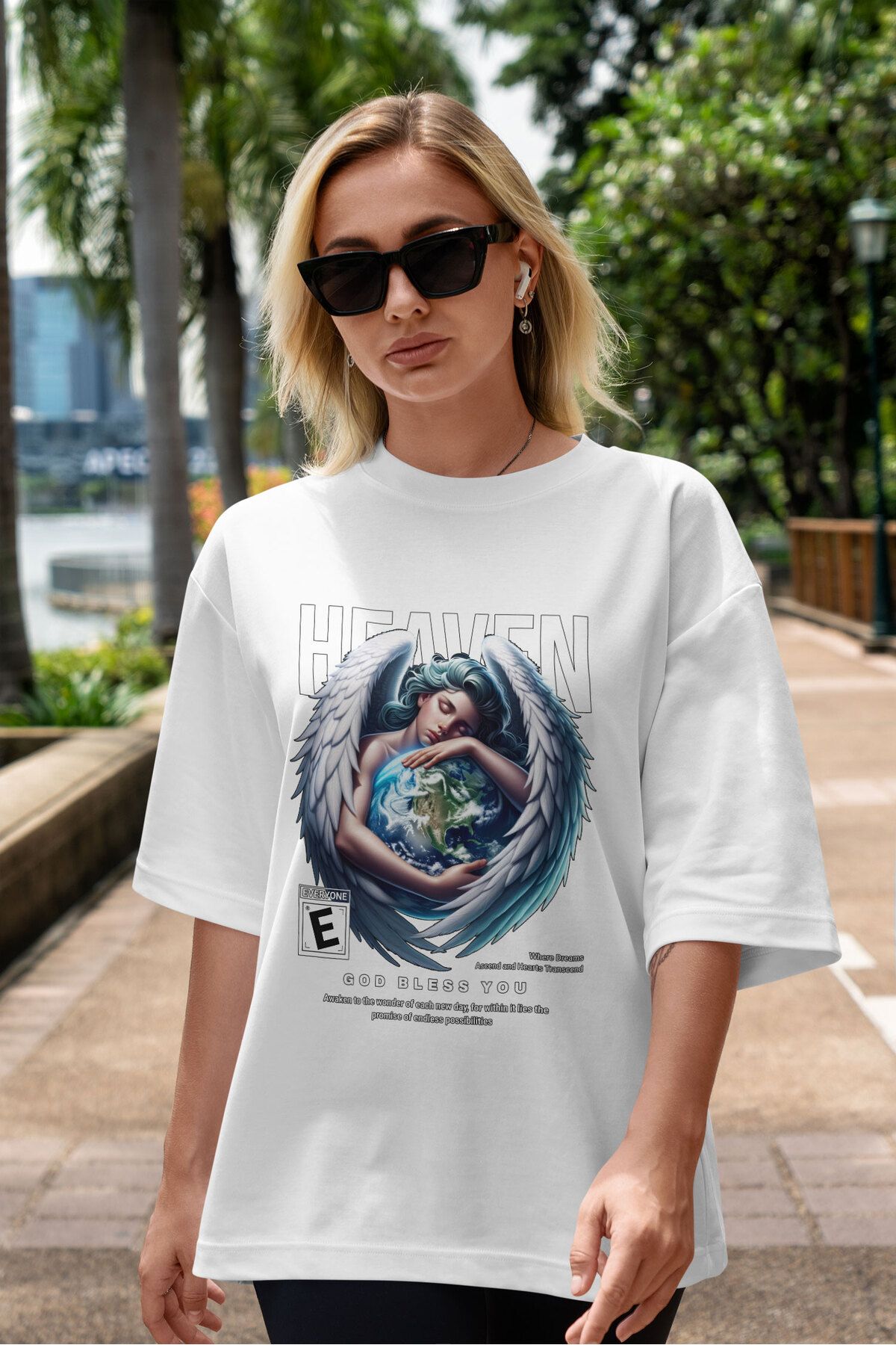 ELFAMİ Unisex Erkek/Kadın HEAVEN 2 Renkli Özel Baskılı Oversize Pamuklu Bisiklet Yaka T-Shirt Tişört