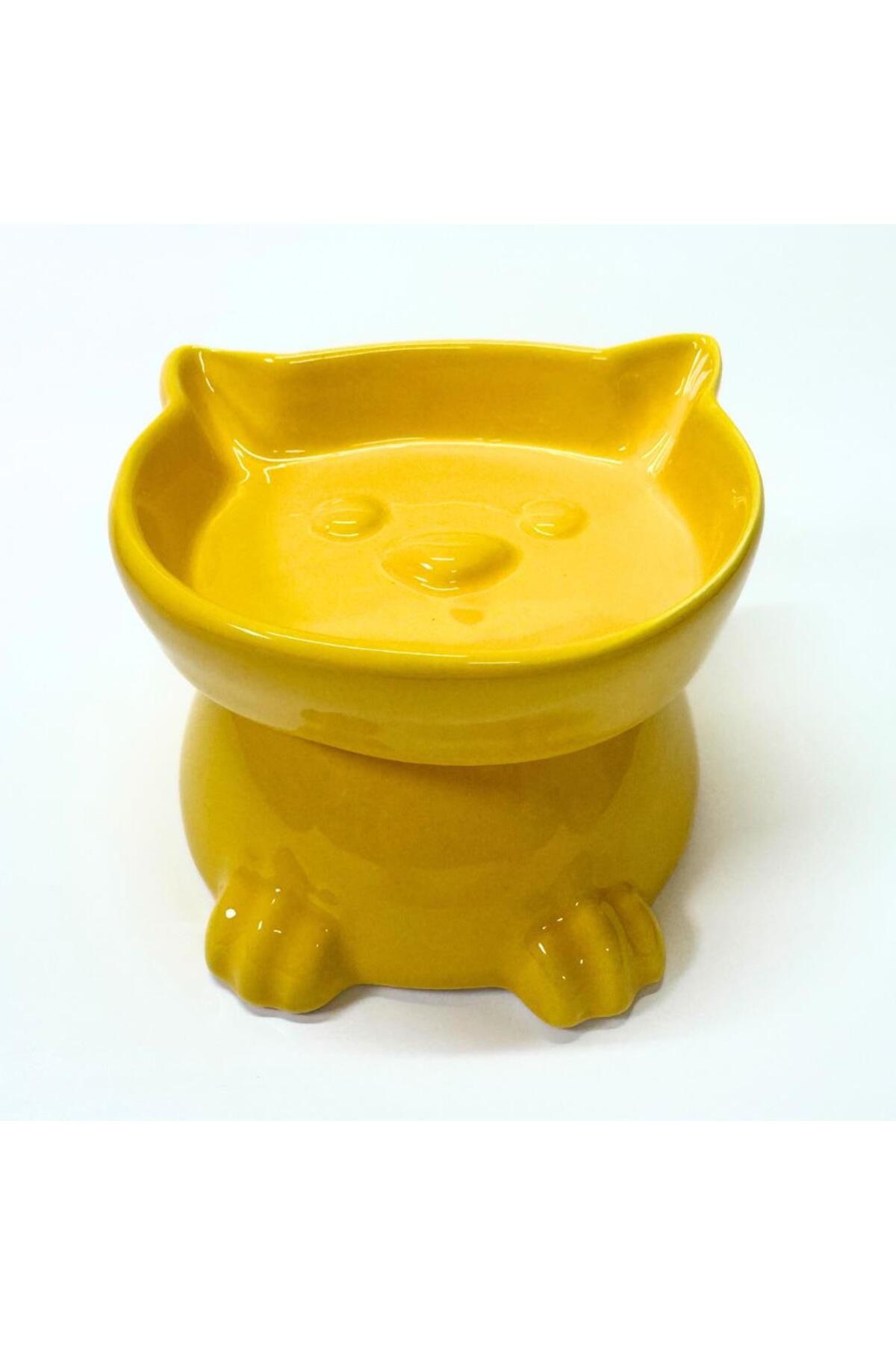 Pawstar Ayaklı Kedi Kafa Figürlü Seramik Mama Kabı – 300 ml - Sarı