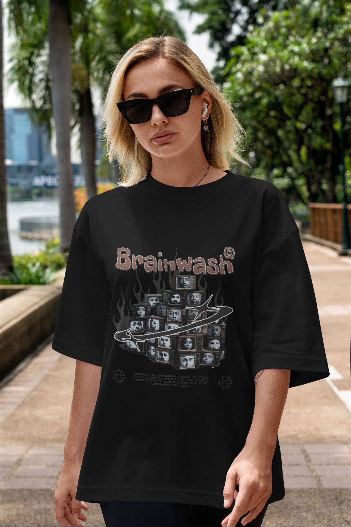 ELFAMİ Unisex Erkek/Kadın BRAINWASH Renkli Özel Baskılı Oversize Pamuklu Bisiklet Yaka T-Shirt Tişört