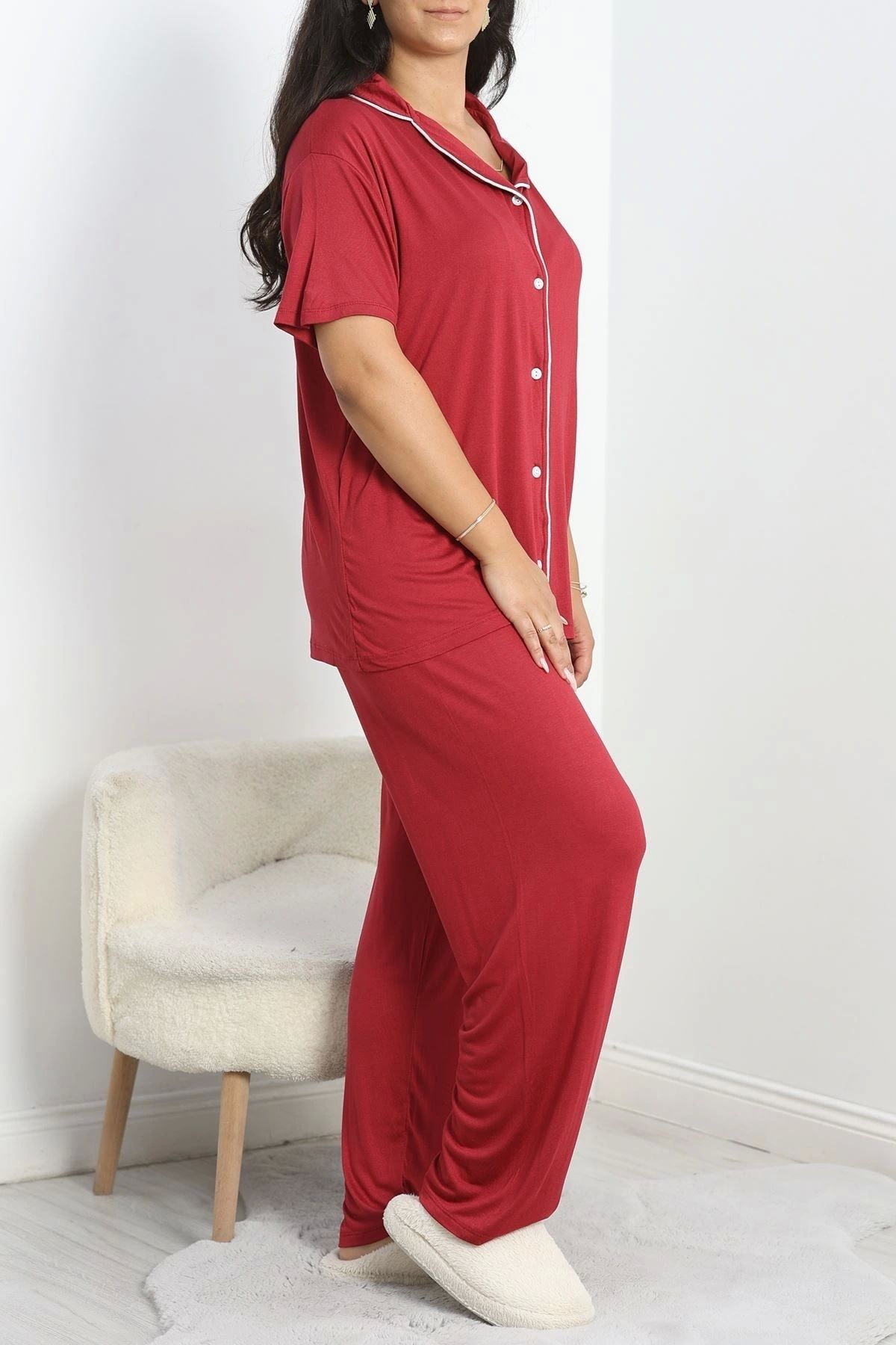 OurStyles Modal Büyük Beden Düğmeli Pijama Takımı Bordo - 745.1287.