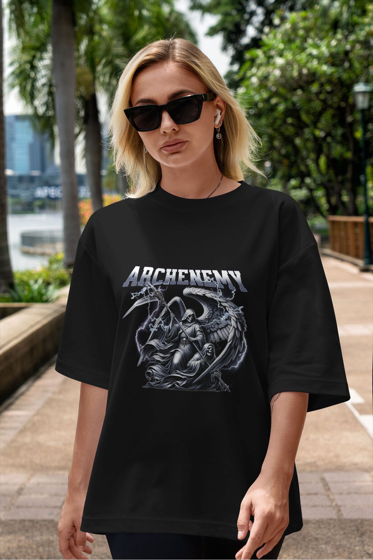 ELFAMİ Unisex Erkek/Kadın ARCHENEMY Renkli Özel Baskılı Oversize Pamuklu Bisiklet Yaka T-Shirt Tişört