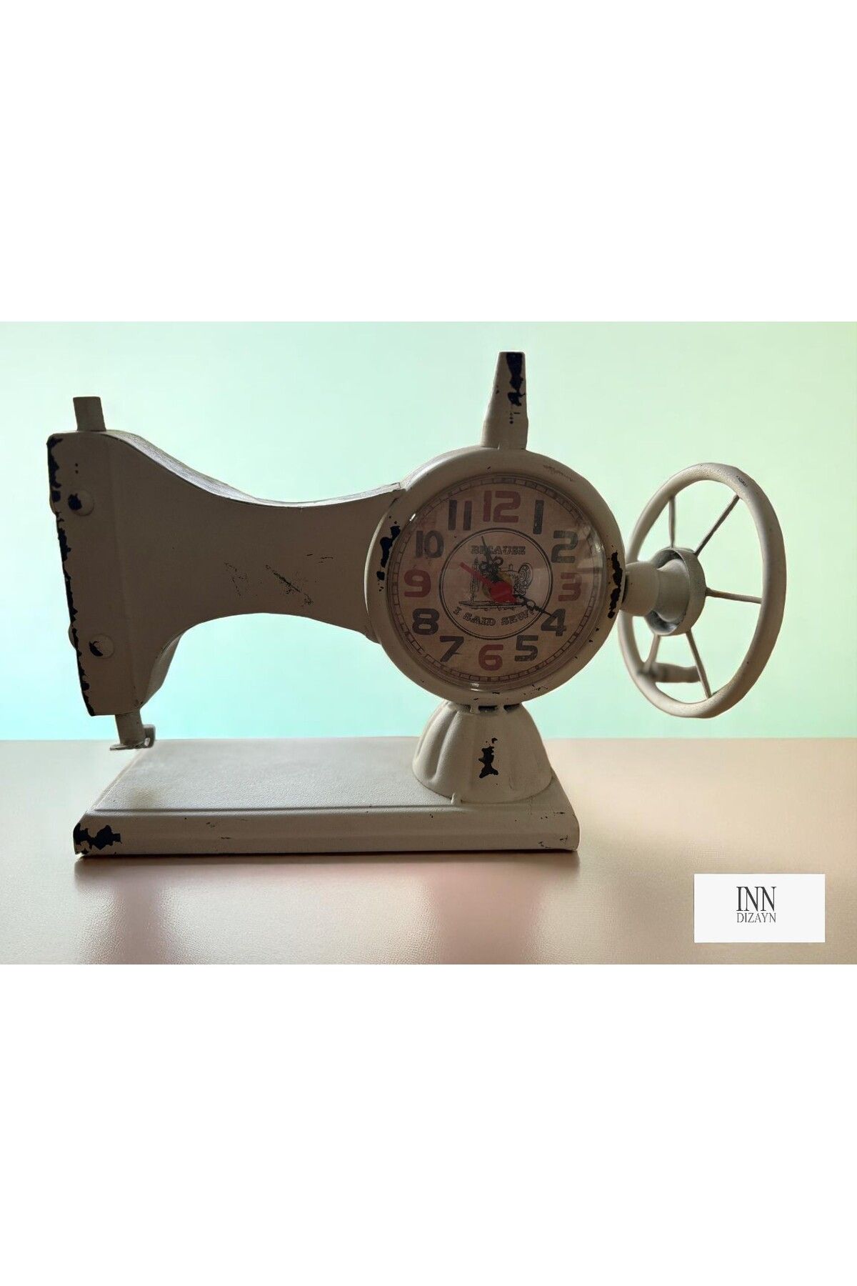 INNDIZAYN Retro Vintage Dikiş Makinası Raf,Masa Saati
