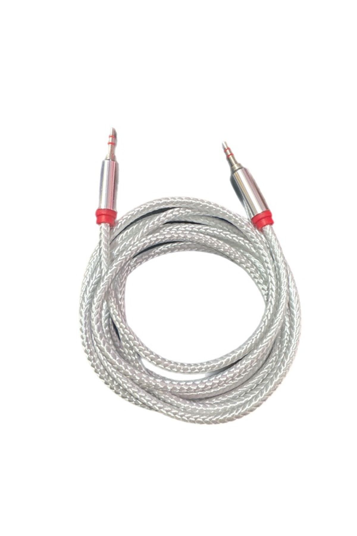 ROSEPREMİUM Hasır Örgülü 2 Metre Aux Kablosu Ses Kablosu 3.5 mm Beyaz