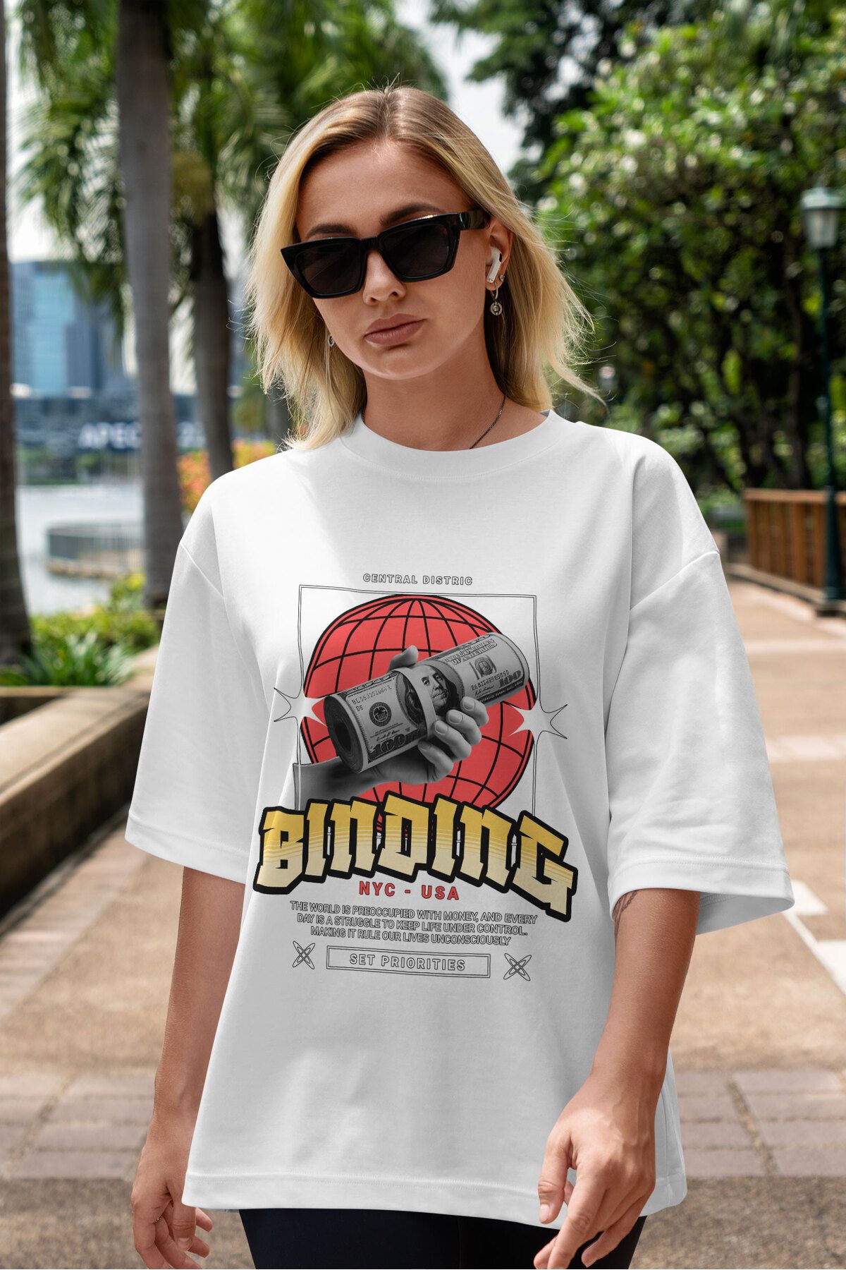 ELFAMİ Unisex Erkek/Kadın BINDING Renkli Özel Baskılı Oversize Pamuklu Bisiklet Yaka T-Shirt Tişört