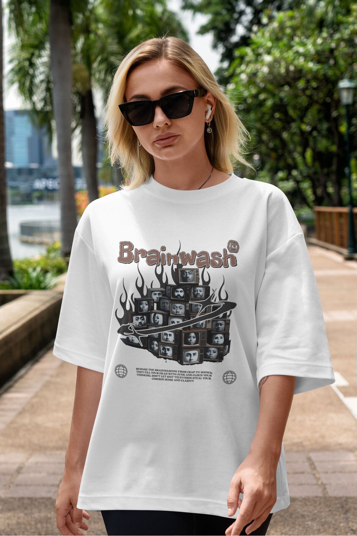 ELFAMİ Unisex Erkek/Kadın BRAINWASH Renkli Özel Baskılı Oversize Pamuklu Bisiklet Yaka T-Shirt Tişört