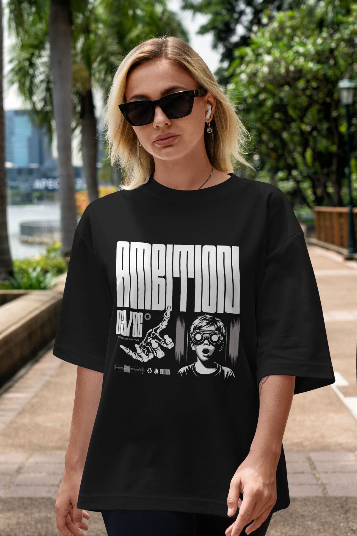 ELFAMİ Unisex Erkek/Kadın AMBITION Özel Baskılı Oversize Pamuklu Bisiklet Yaka T-Shirt