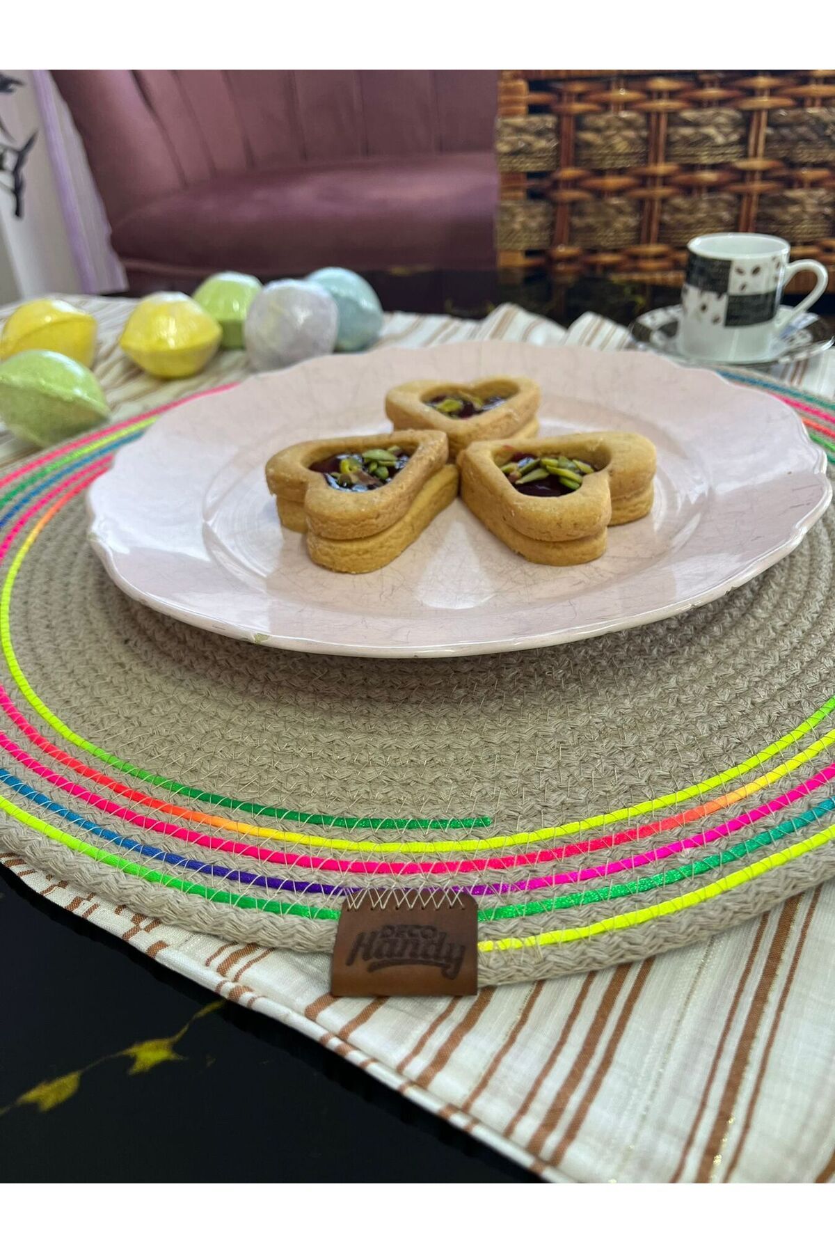 Linarx DecoHandy 39cm Neon Renkli Şeritli Jüt Örme Supla Amerikan Servis
