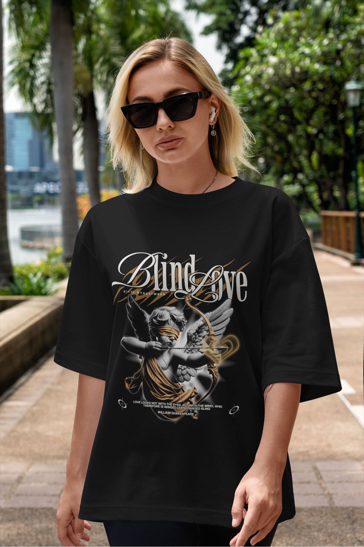 ELFAMİ Unisex Erkek/Kadın BLIND LOVE Renkli Özel Baskılı Oversize Pamuklu Bisiklet Yaka T-Shirt Tişört