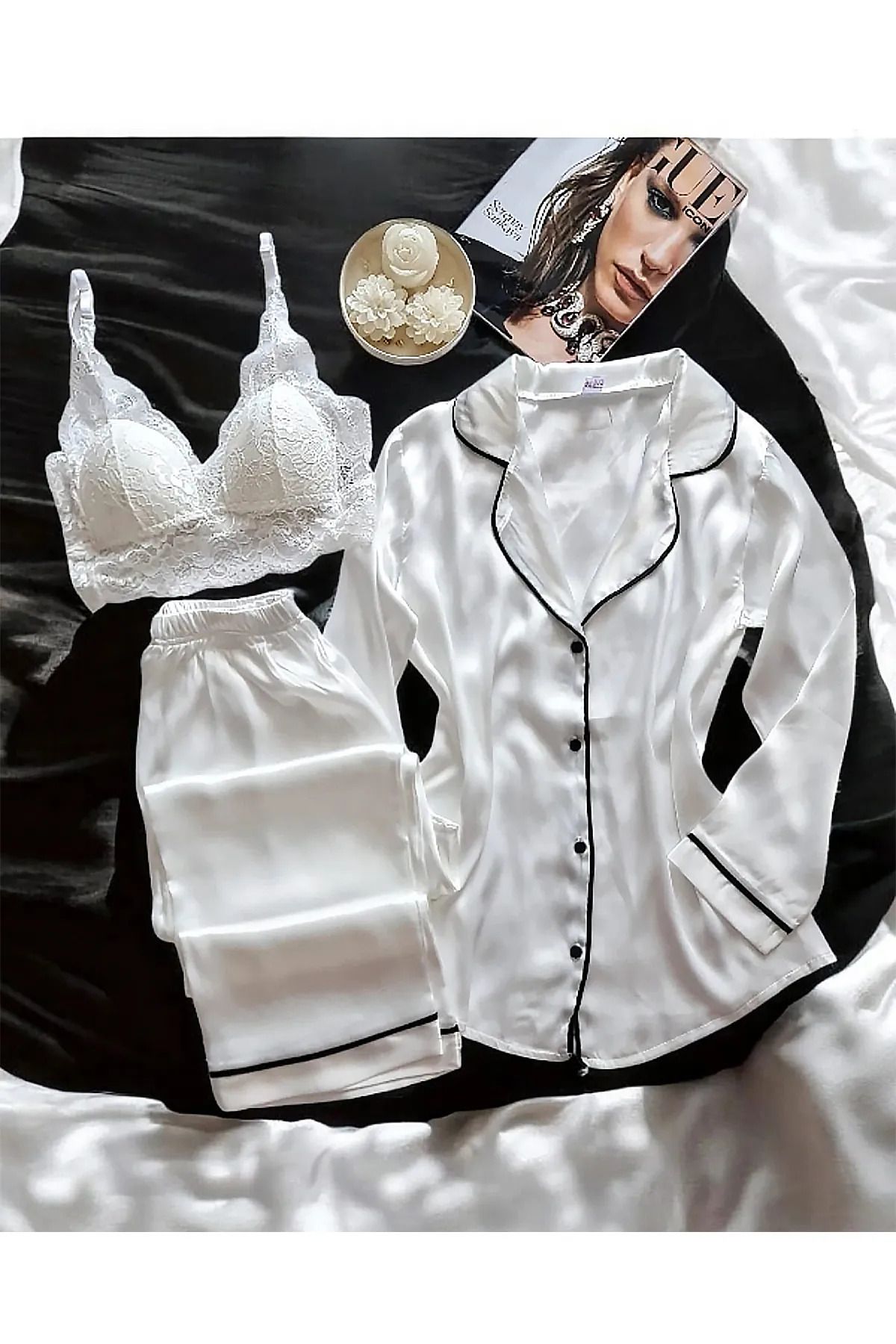 cdh çeyize dair herşey Sunshine Beyaz İpek Saten 3 lü Gömlek Yaka Pijama Seti 6735