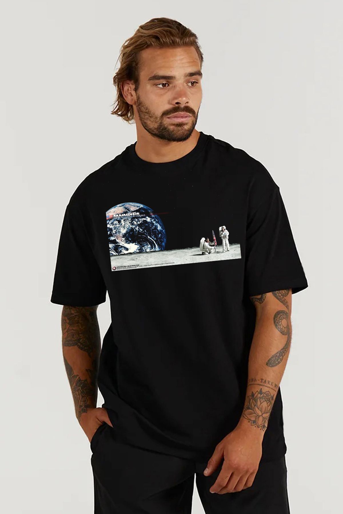 MODA Rammstein Astronot Moon Ay Baskılı Oversize Kalıp Siyah Geniş Bol Kesim Erkek Tişört