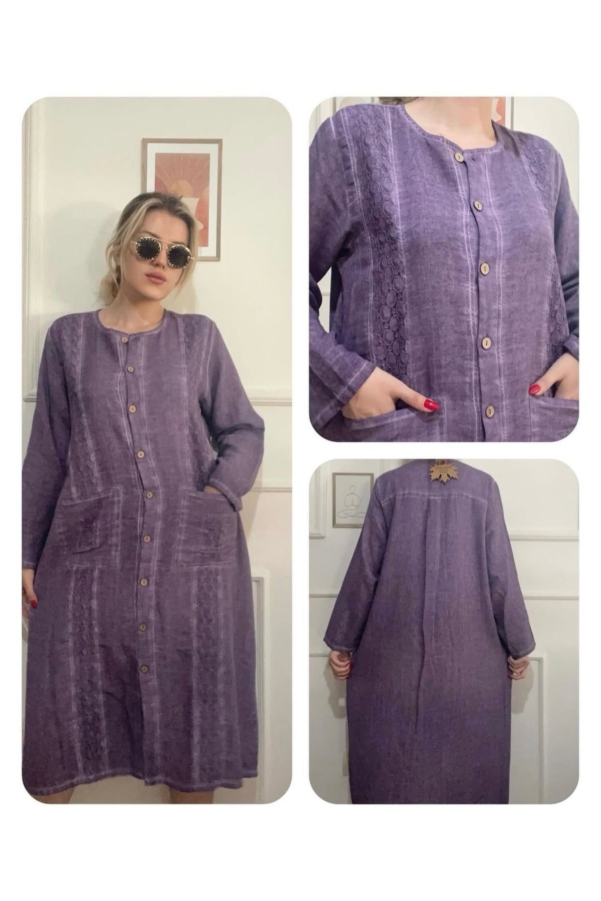 Butik Tesettür keten düğmeli dantel detaylı kap
