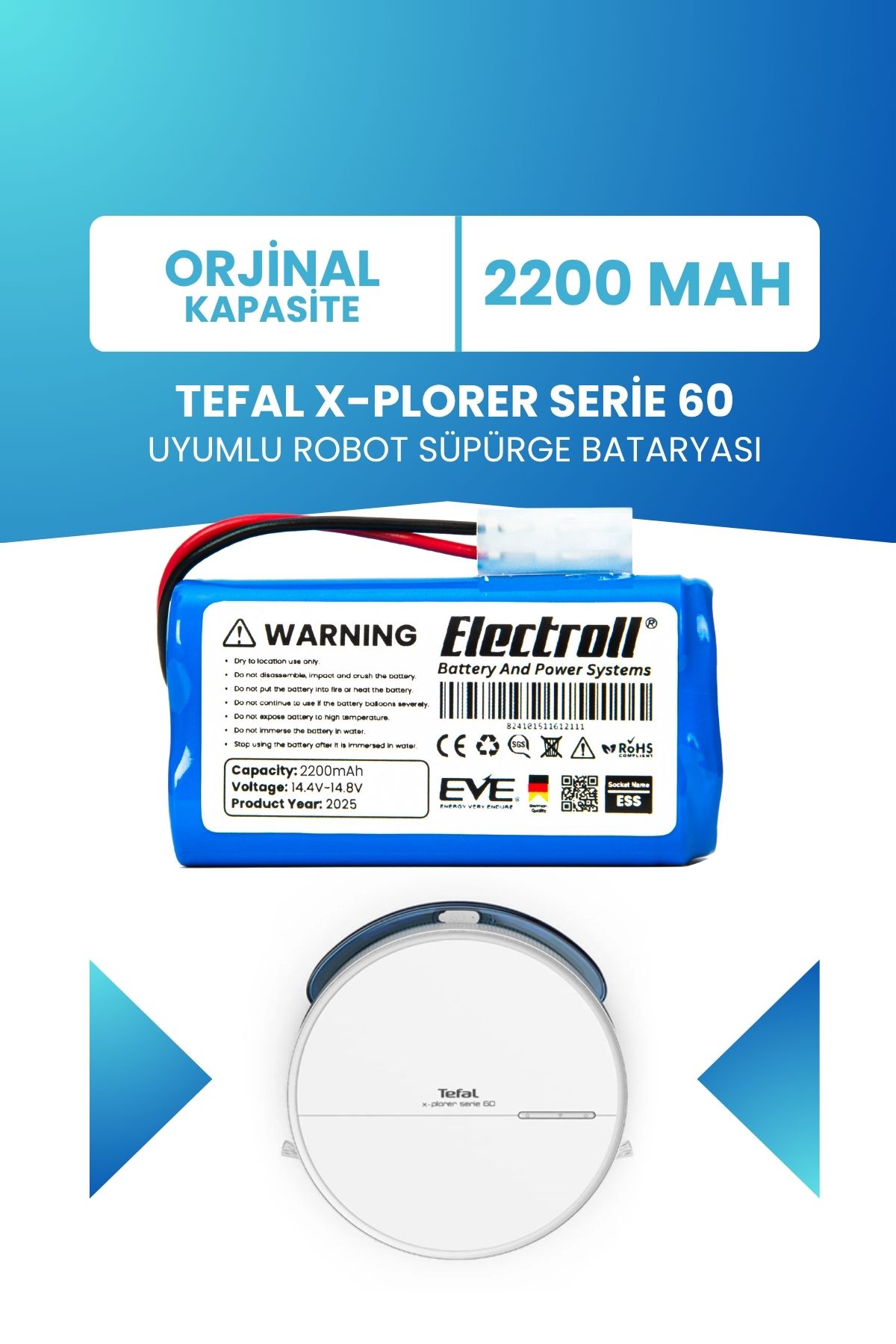ELECTROLL Tefal X-Plorer Serie 60 Uyumlu Batarya (STANDART KAPASİTE) 2200mah Pil Robot Süpürge Bataryası