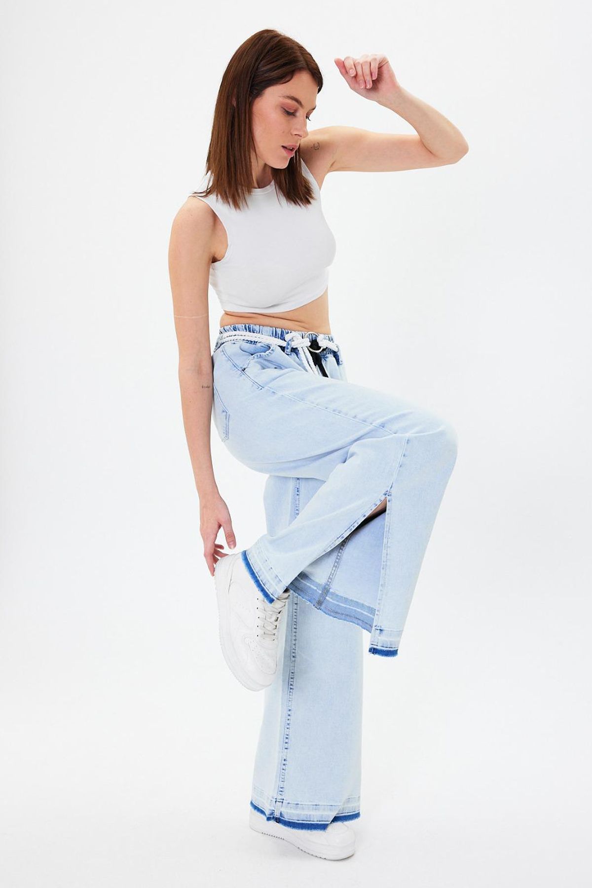 Jijass Jeans Beli Lastikli Yırtmaç Paça Kemerli Pantolon