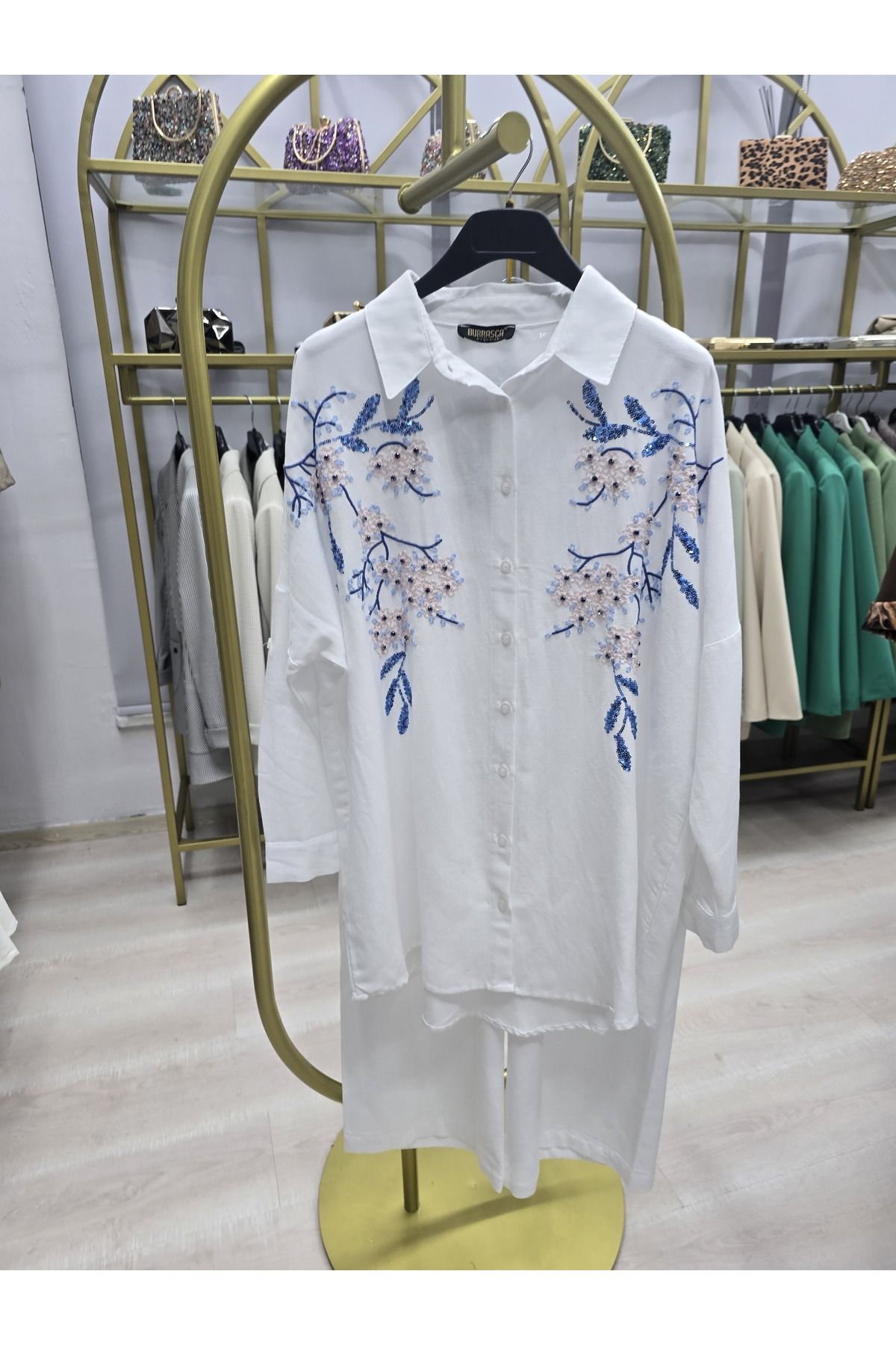 Omka Moda Keten İkili Takım işlemeli Gömlek Pantolon Takım