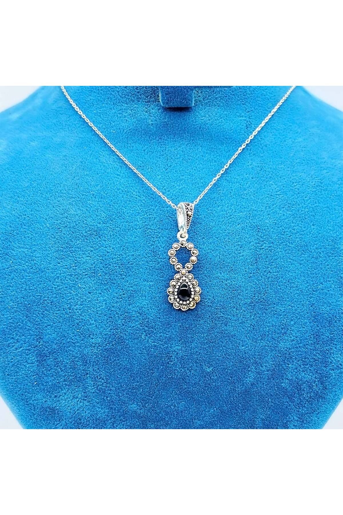 tesbihpasaji Zirkon Damla Model Oltu Taşı İşçilikli 925 Ayar Gümüş Kolye
