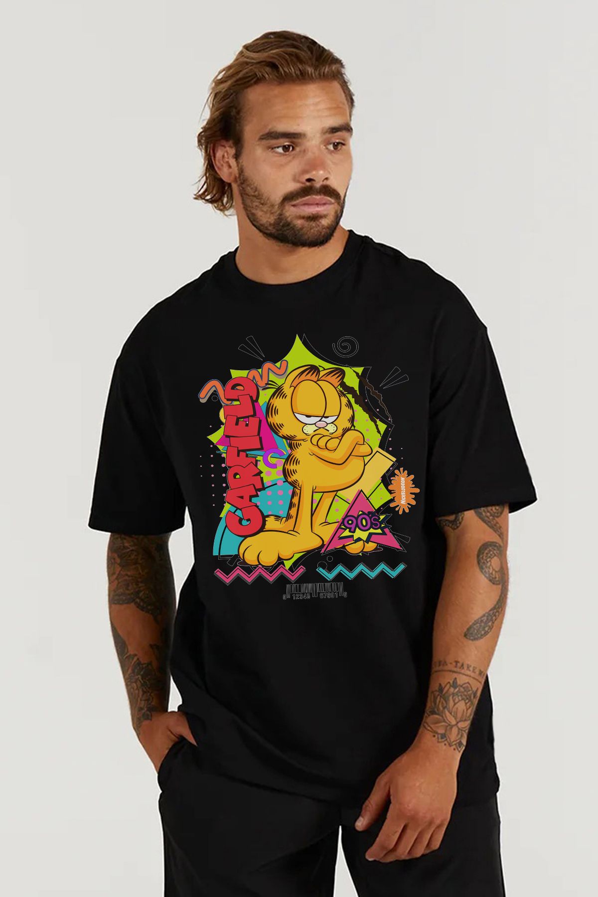 MODA Garfield Kedi Baskılı Oversize Kalıp Siyah Geniş Bol Kesim Erkek Tişört