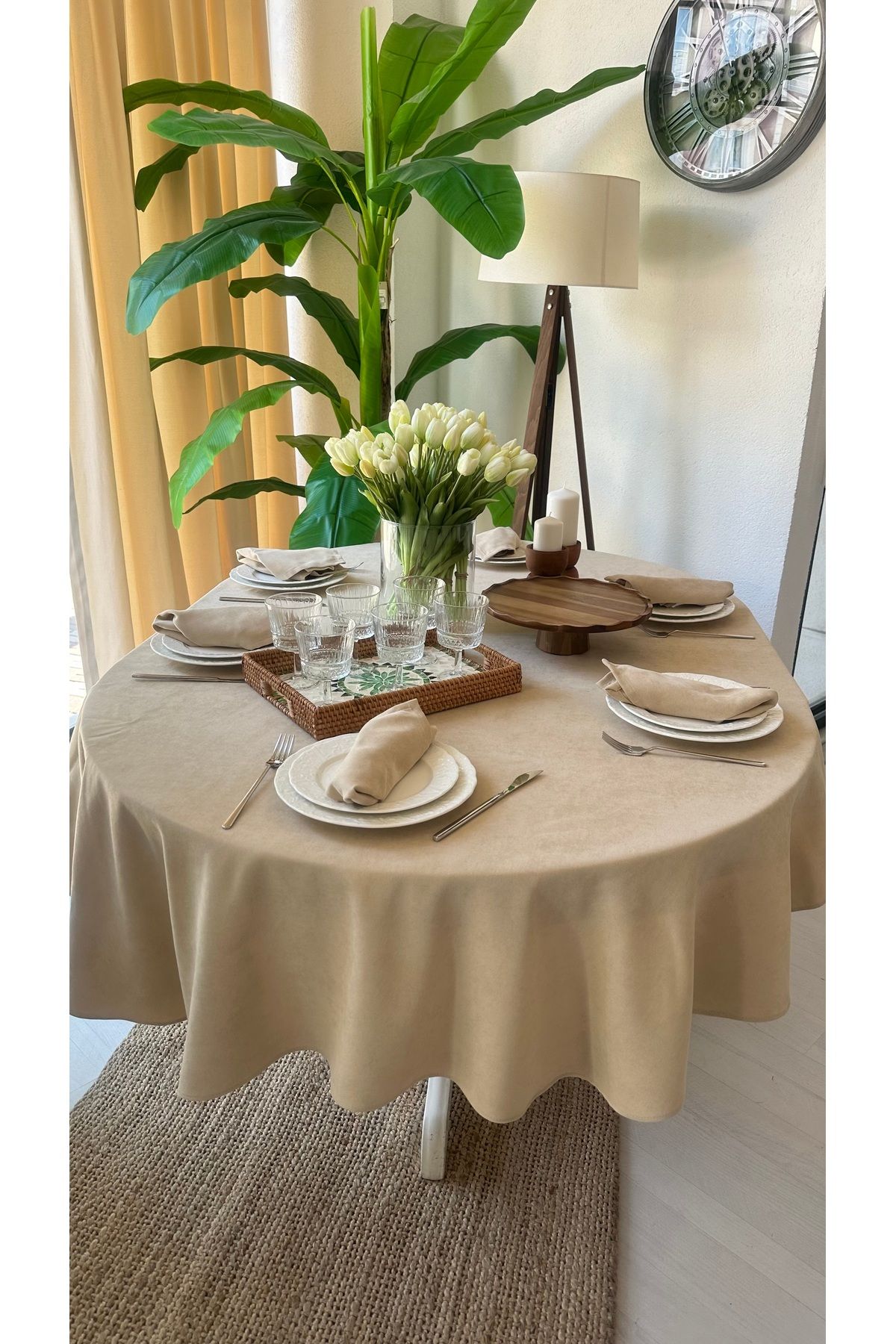 Decamor home Kadife Dokulu Dertsiz Bej Oval Masa Örtüsü