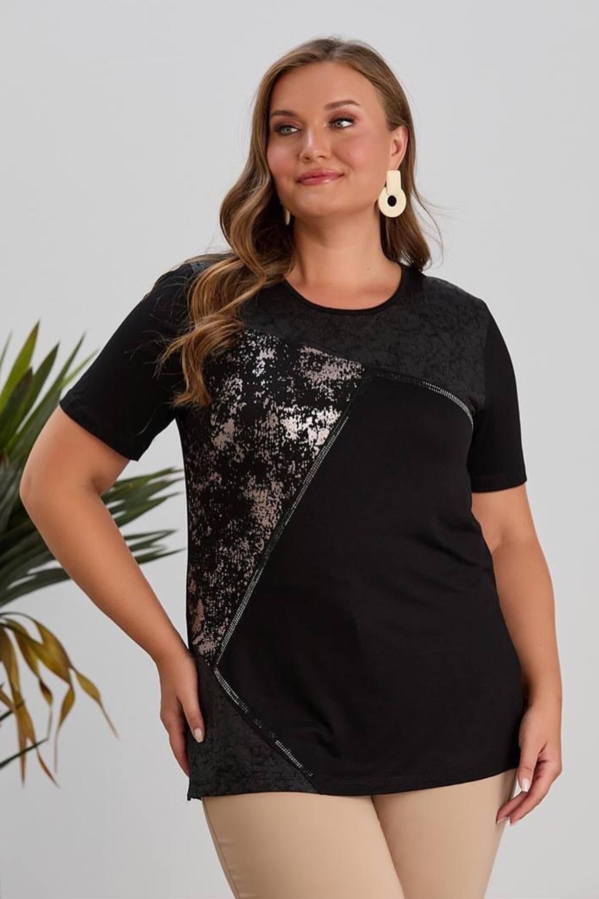 wearon tekstil Wearon Kadın Yezra Deri Varak Taş Detaylı Penye Siyah Tişört