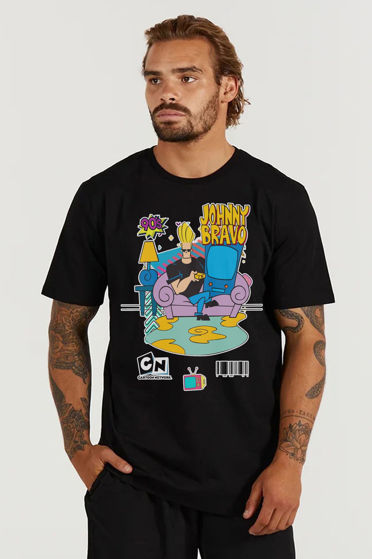 MODA Johnny Bravo Baskılı Oversize Kalıp Siyah Geniş Bol Kesim Erkek Tişört
