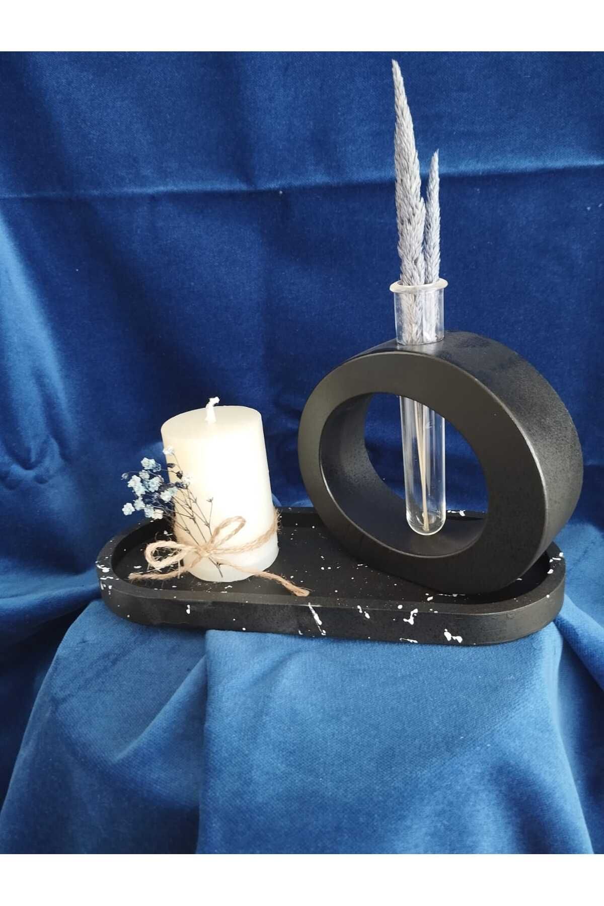 DecorWiz Dekoratif Düzensiz Yuvarlak Vazo & Mermer Desenli Tepsi & Şakayık kokulu Mum 3 lü set