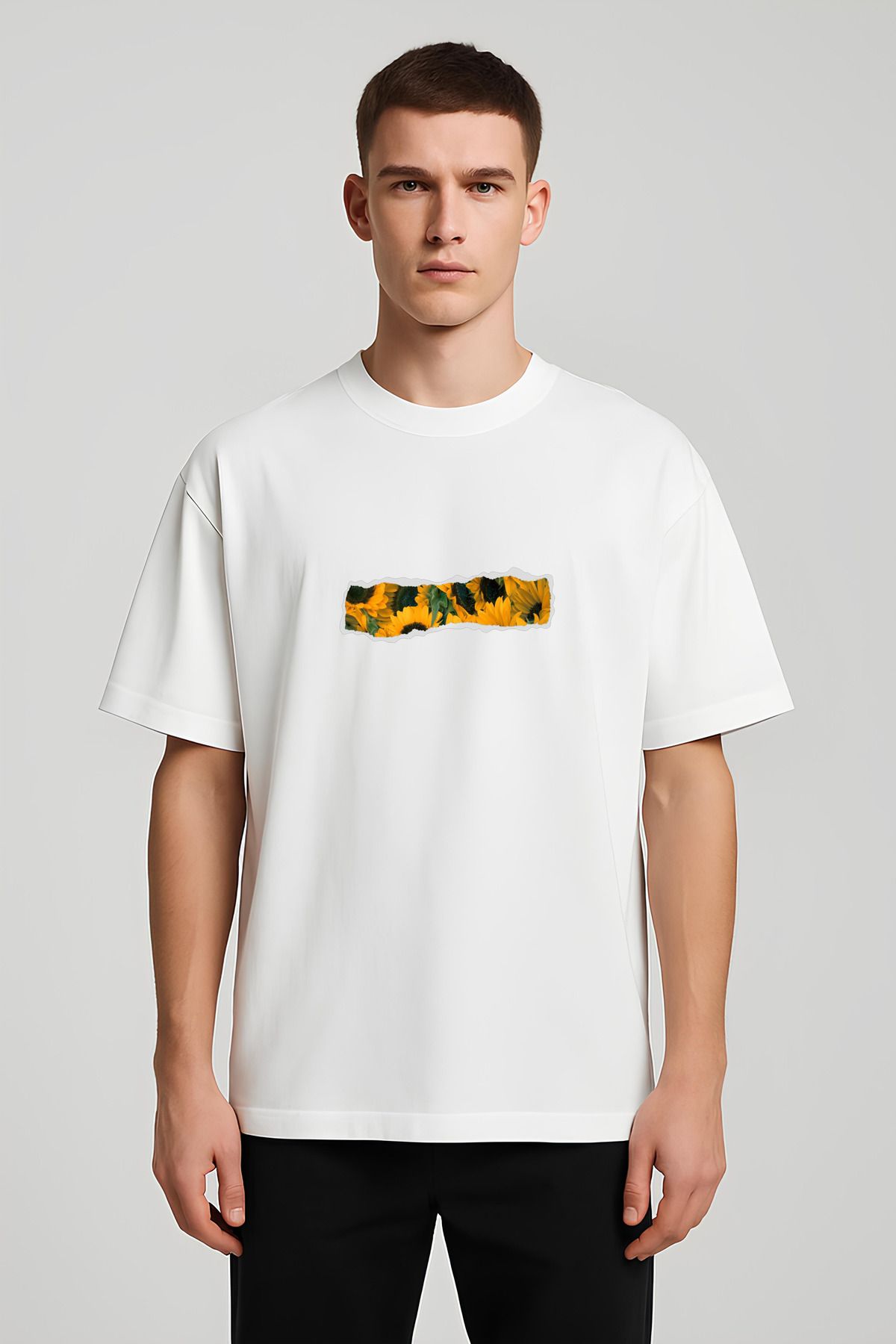 MODA Unisex Oversize Kalıp Ayçiçek Baskılı T-Shirt