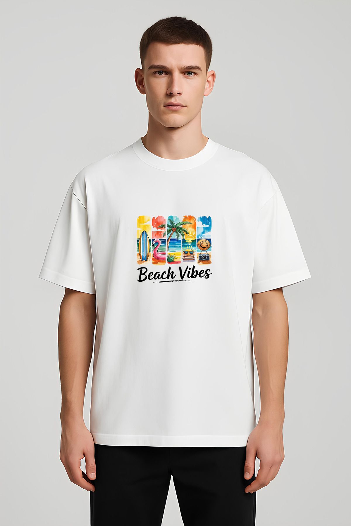 MODA Unisex Oversize Kalıp Beach Vibes Baskılı T-Shirt