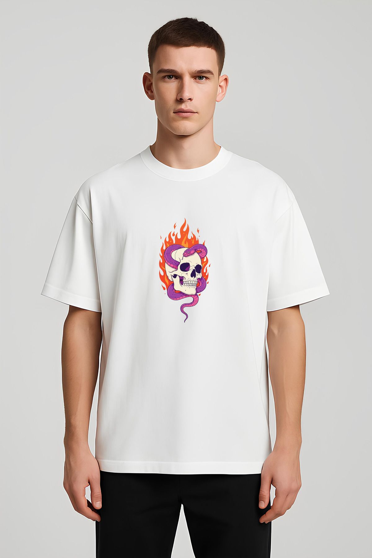 MODA Unisex Oversize Kalıp Alevli Yılan Baskılı T-Shirt