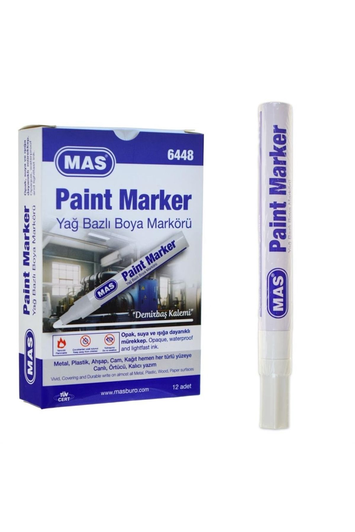 Mas 6448 DEMİRBAŞ KALEMİ BEYAZ 12Lİ KUTU (METAL PLASTİK AHŞAP CAM KAĞIT FAYANS DERZ)