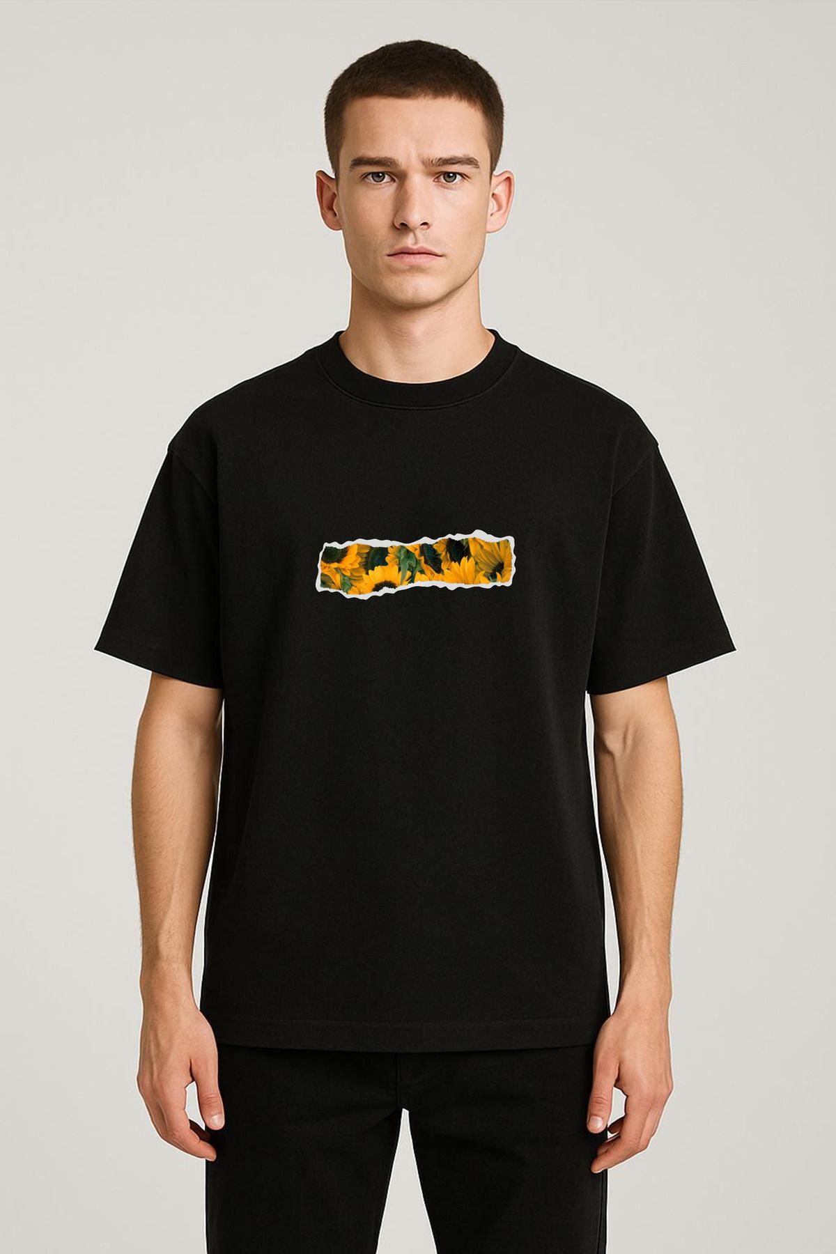 MODA Unisex Oversize Kalıp Ayçiçek Baskılı T-Shirt