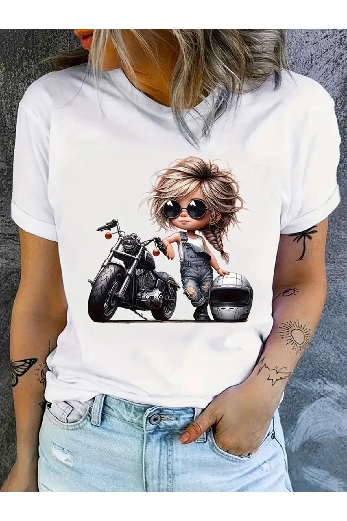 İnazuma Outdoors Unisex Oversize Baskılı Pamuklu Bisiklet Yaka Kısa Kollu BEYAZ T-shirt Motorlu Kadın