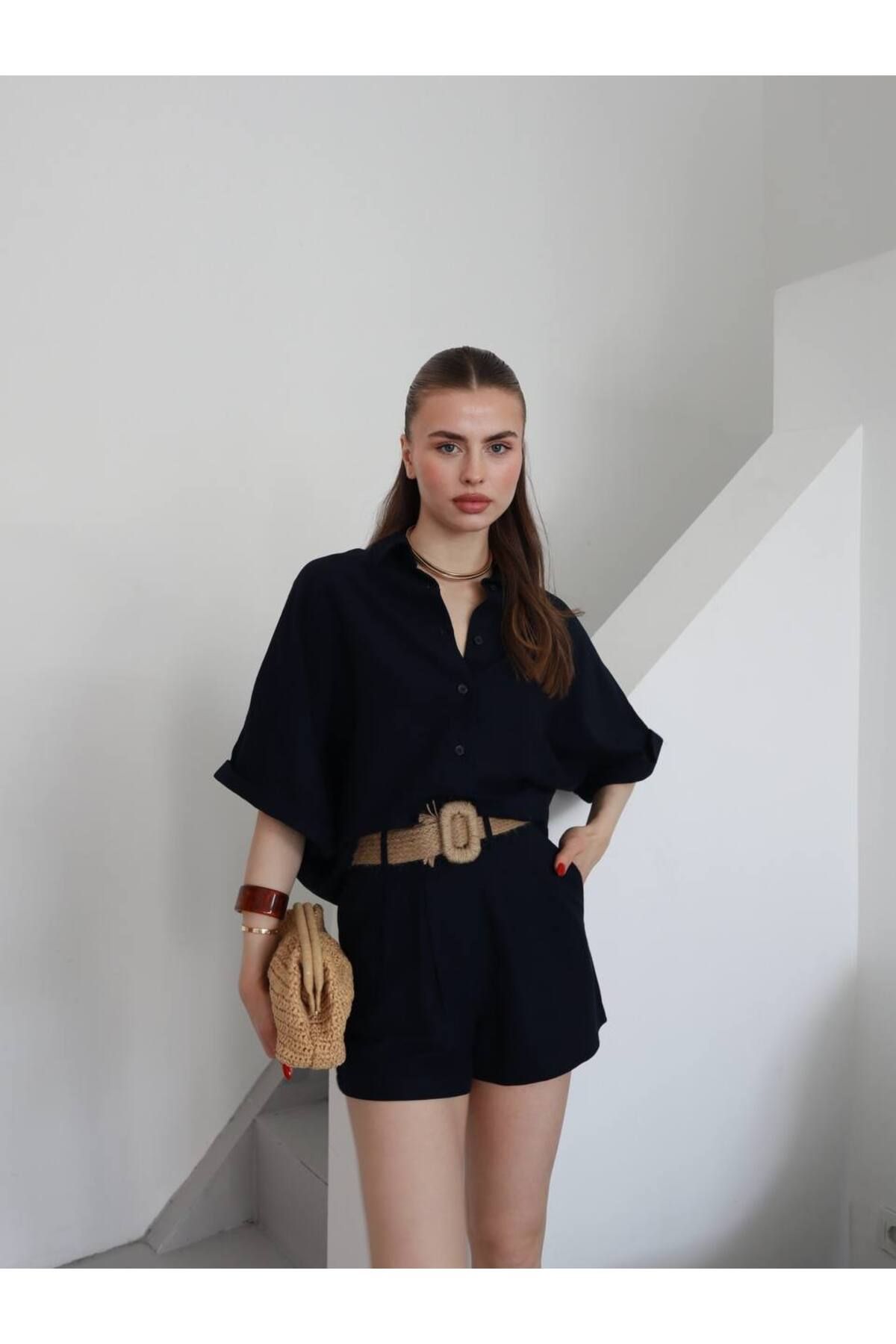 YONEZ MODA Kadın Rahat Kalıp Hasır Kemerli Çift Cepli Modal Kumaş Şort Gömlek Takım