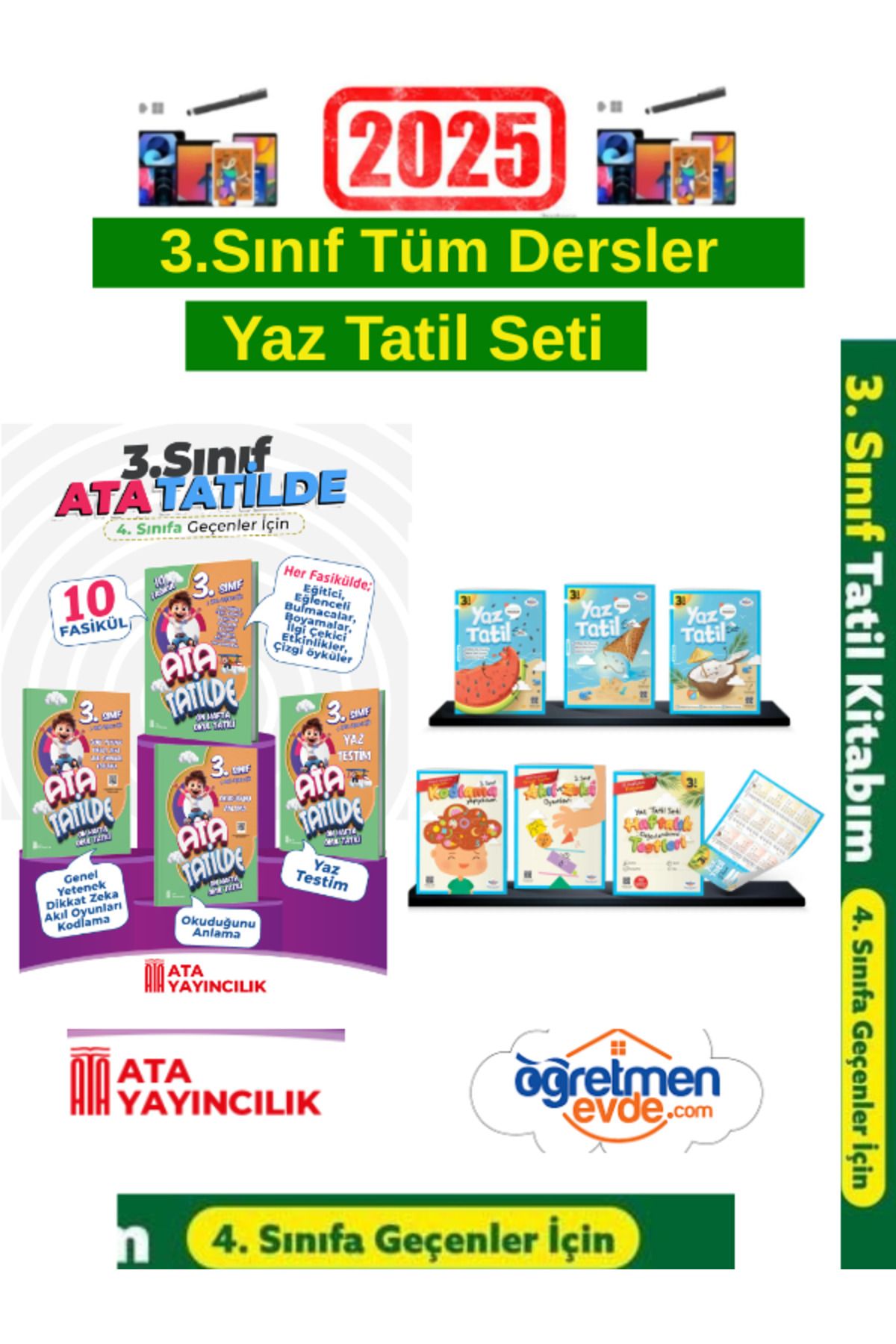 Bilfen Yayıncılık Ata Tatilde 3.Sınıf 10 Fasikül Yaz Tatil Kitabı+Öğretmen Evde 3.Sınıf Yaz Tatil Seti+Android Kalem