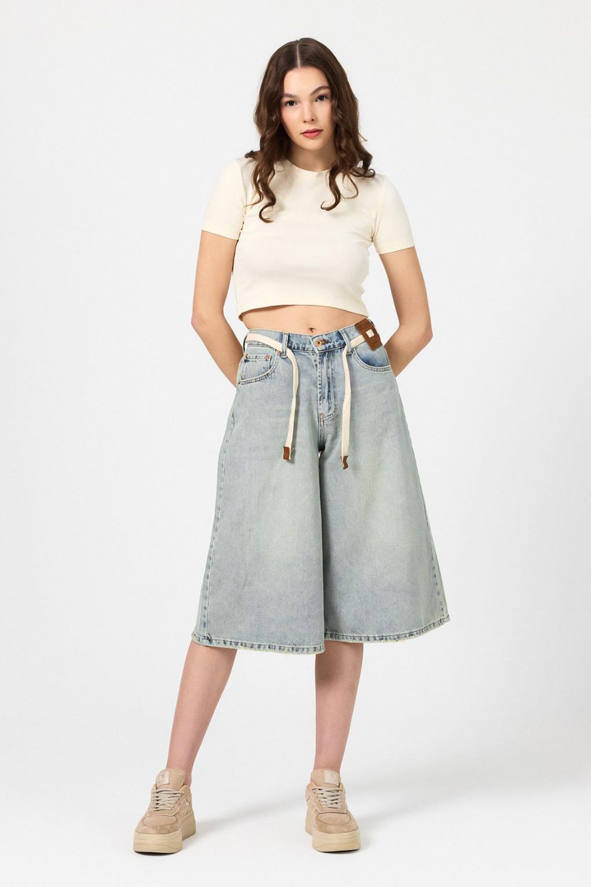 Jijass Jeans Beli Lastikli Kot Kapri Şort