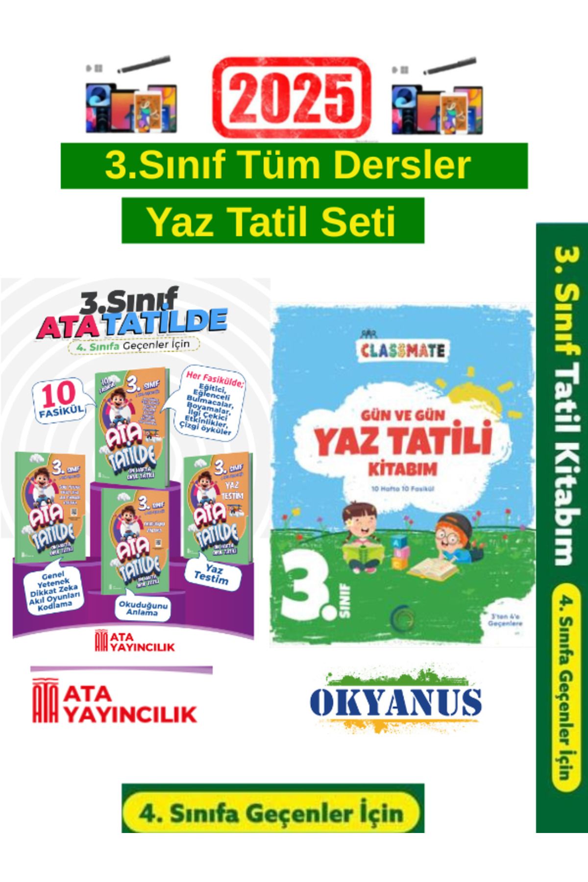 Bilfen Yayıncılık Ata Tatilde 3.Sınıf 10 Fasikül Yaz Tatil Kitabı+Okyanus 3.Sınıf GünGün Yaz Tatil Seti+Android Kalem