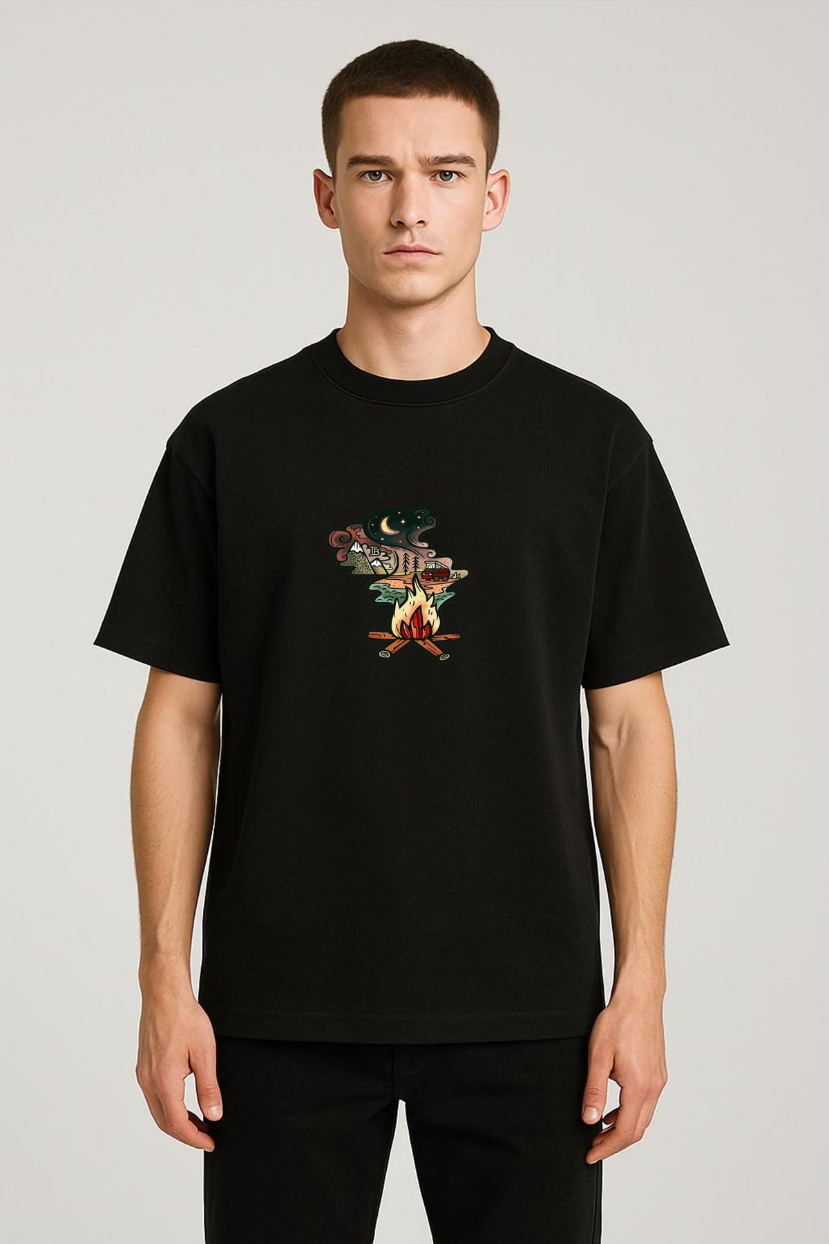 MODA Unisex Oversize Kalıp Kamp Ateşi Baskılı T-Shirt