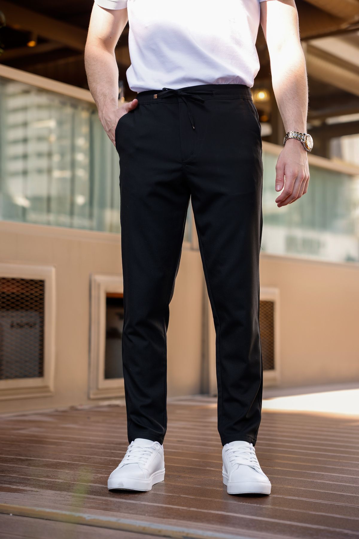 MODAMESTO Erkek Siyah Relaxed Fit Yandan Cepli Beli Lastikli Bağcıklı Jogger Pantolon