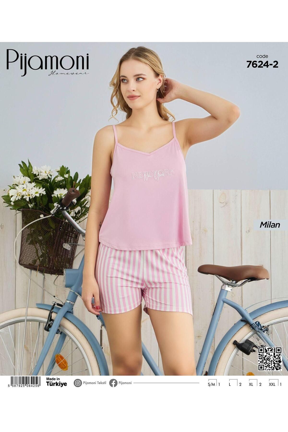 Pijamoni Pembe Renkli Bambu Milan Kumaş İp Askılı Şortlu Kadın Pijama Takımı