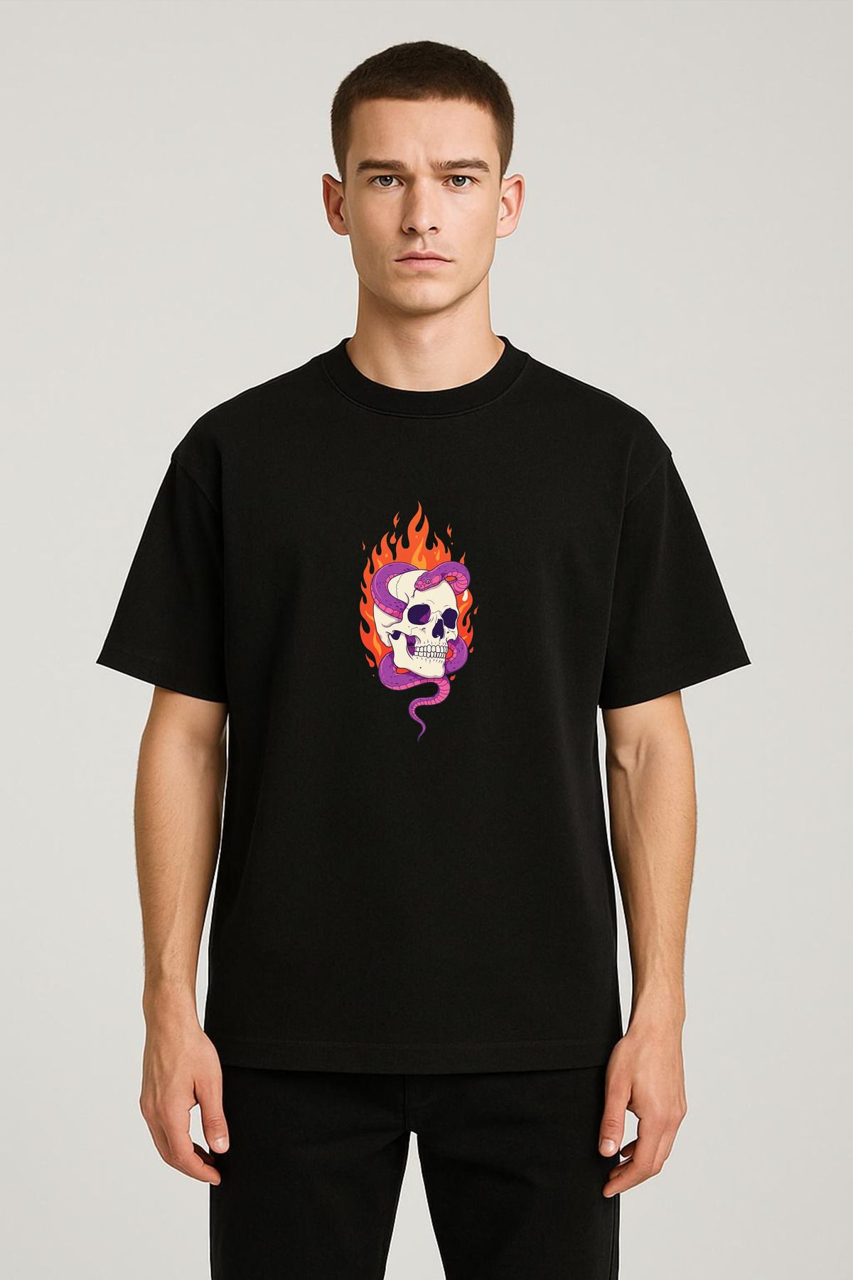 MODA Unisex Oversize Kalıp Alevli Yılan Baskılı T-Shirt