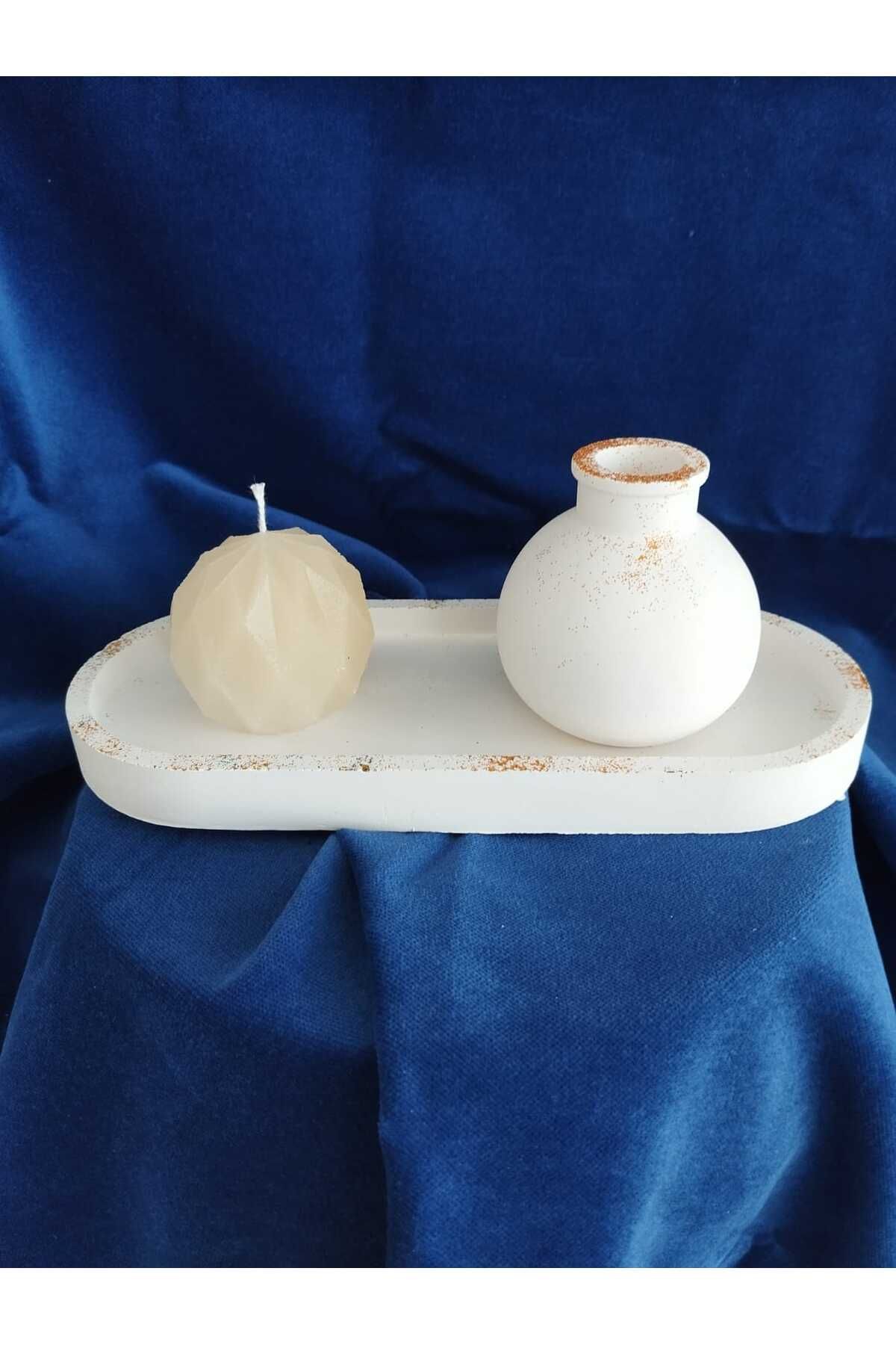 DecorWiz Dekoratif Tepsi + Gold Simli Vazo + Mum Şakayık Kokulu