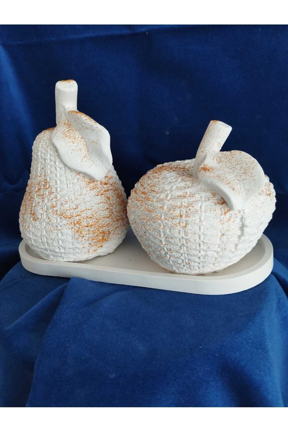 DecorWiz Dekoratif Obje Biblo Tepsi & Armut & Elma Beyaz Renk 3 Adet