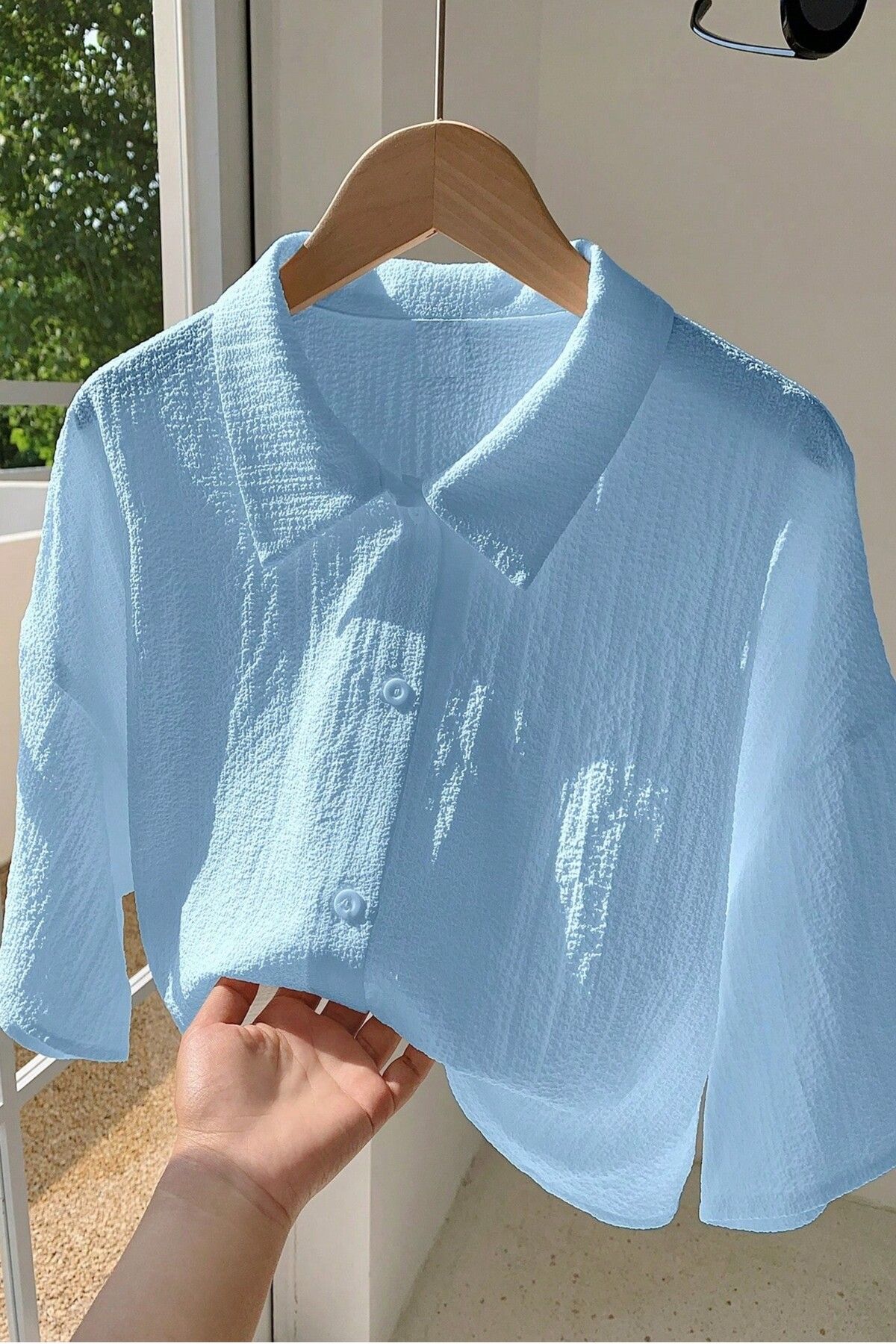 MODAGEN Kadın Bebe Mavisi Kısa Kollu Bürümcük Crop Gömlek